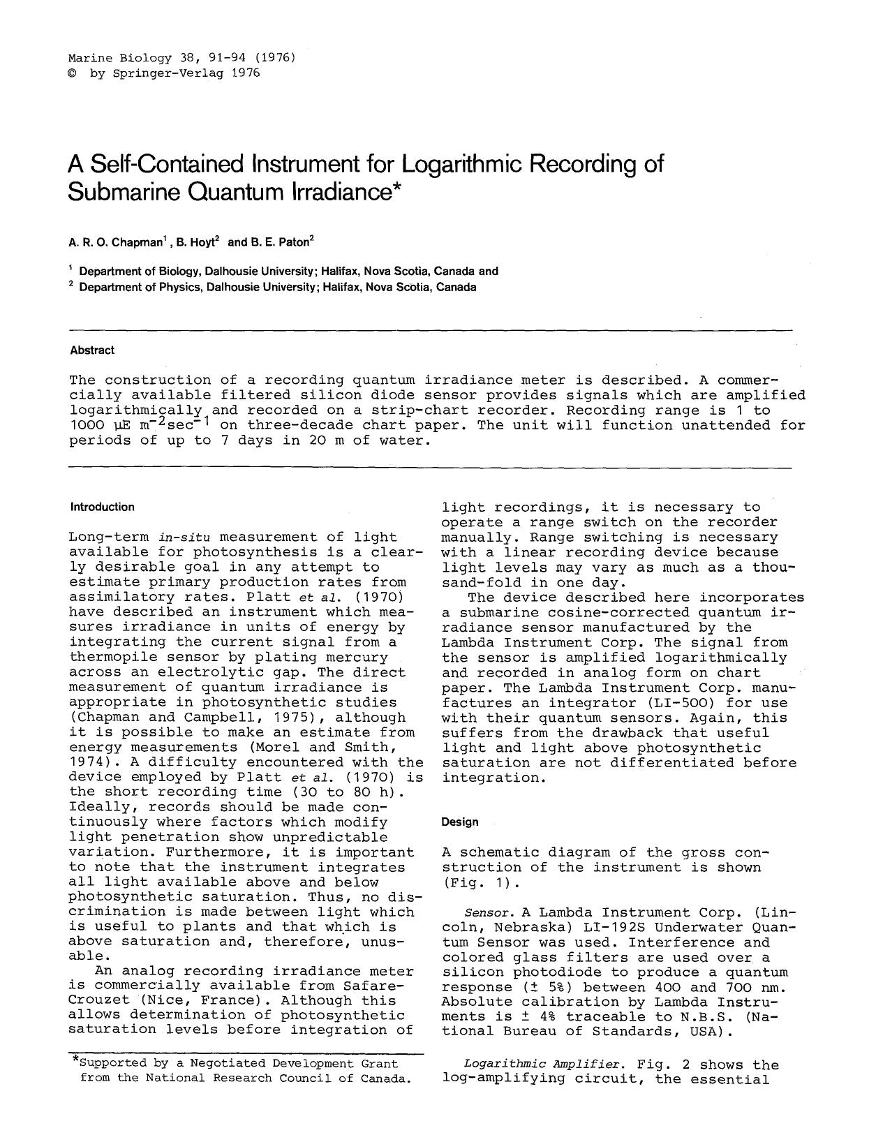 A self-contained instrument for logarithmic recording of submarine quantum irradiance by Unknown
