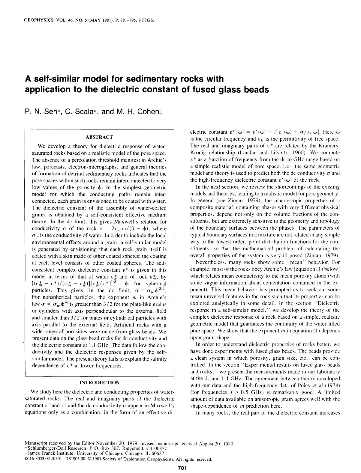 A self-similar model for sedimentary rocks with application to the dielectric constant of fused glass beads by Sen P. N.; Scala C.; Cohen M. H