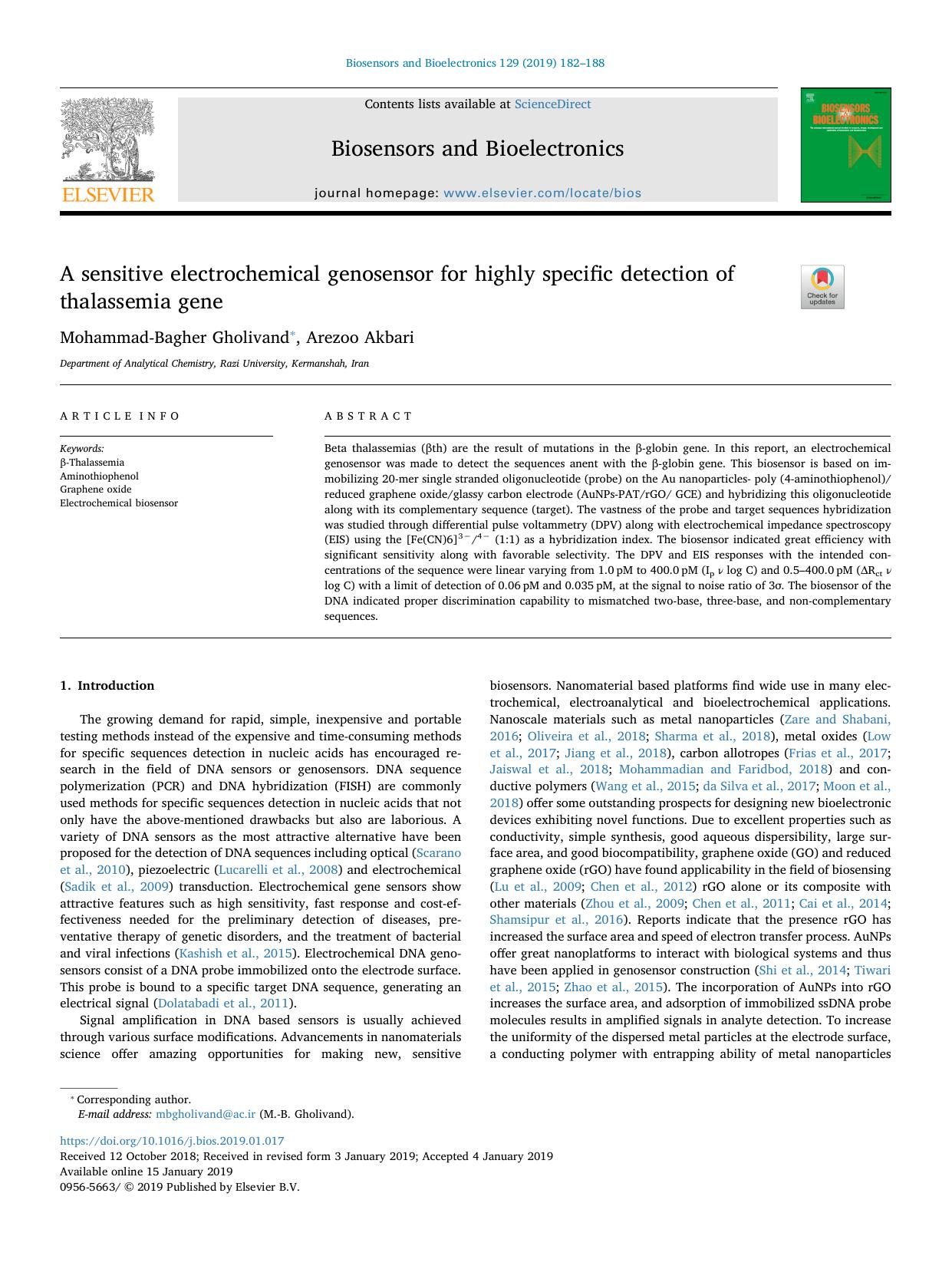A sensitive electrochemical genosensor for highly specific detection of thalassemia gene by Mohammad-Bagher Gholivand & Arezoo Akbari