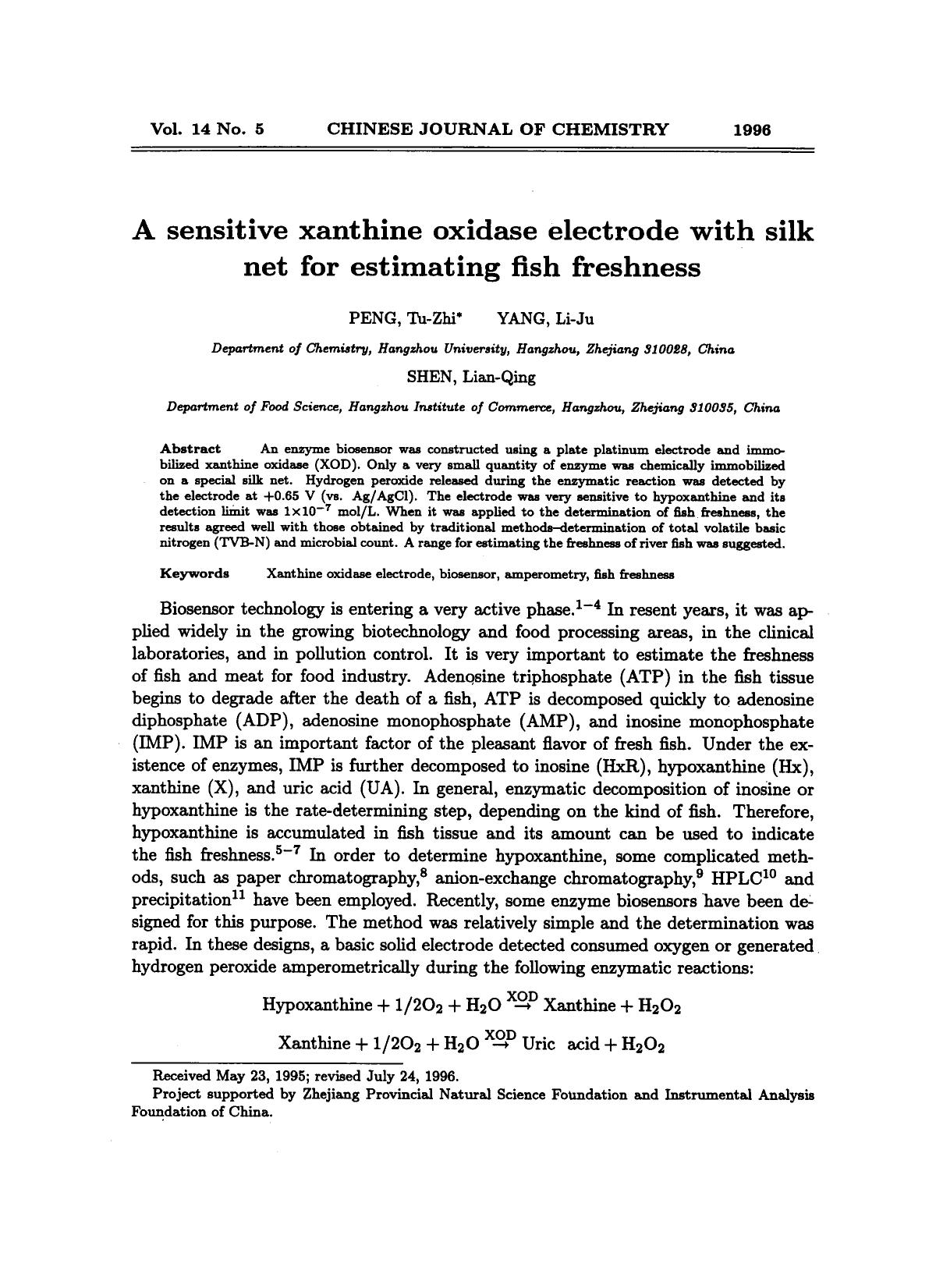 A sensitive xanthine oxidase electrode with silk net for estimating fish freshness by Unknown