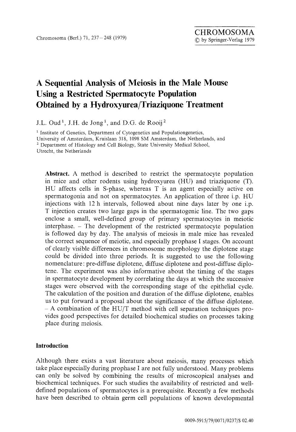 A sequential analysis of meiosis in the male mouse using a restricted spermatocyte population obtained by a hydroxyureatriaziquone treatment by Unknown