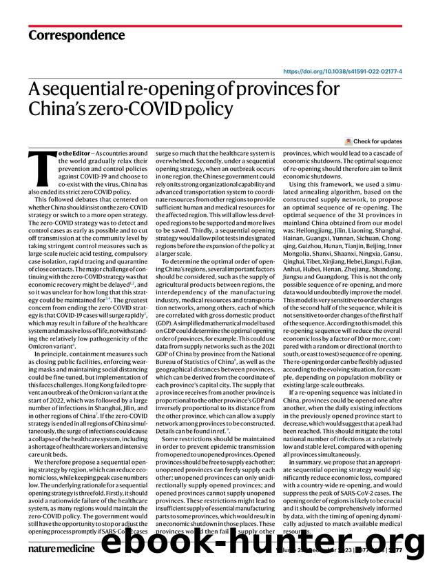 A sequential re-opening of provinces for Chinaâs zero-COVID policy by Cong Xu & Xiangrong Wang & Hongwei Hu & Haocheng Qin & Jinghui Wang & Jianqing Shi & Yanqing Hu