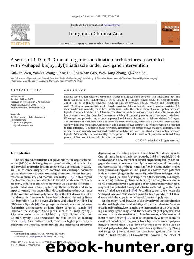 A series of 1-D to 3-D metalâorganic coordination architectures assembled with V-shaped bis(pyridyl)thiadiazole under co-ligand intervention by Gui-Lin Wen; Yao-Yu Wang; Ping Liu; Chun-Yan Guo; Wei-Hong Zhang; Qi-Zhen Shi