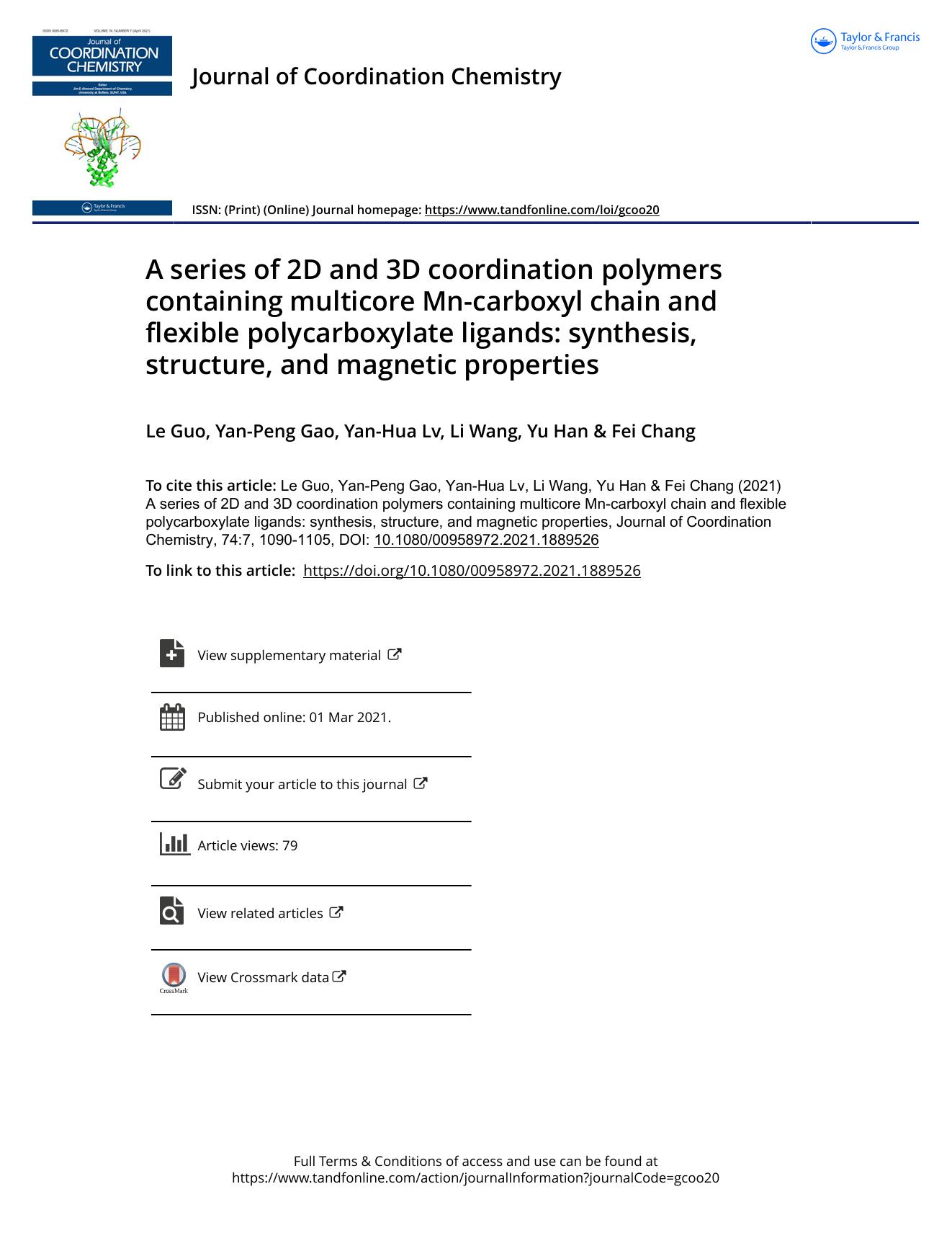 A series of 2D and 3D coordination polymers containing multicore Mn-carboxyl chain and flexible polycarboxylate ligands: synthesis, structure, and magnetic properties by Guo Le & Gao Yan-Peng & Lv Yan-Hua & Wang Li & Han Yu & Chang Fei