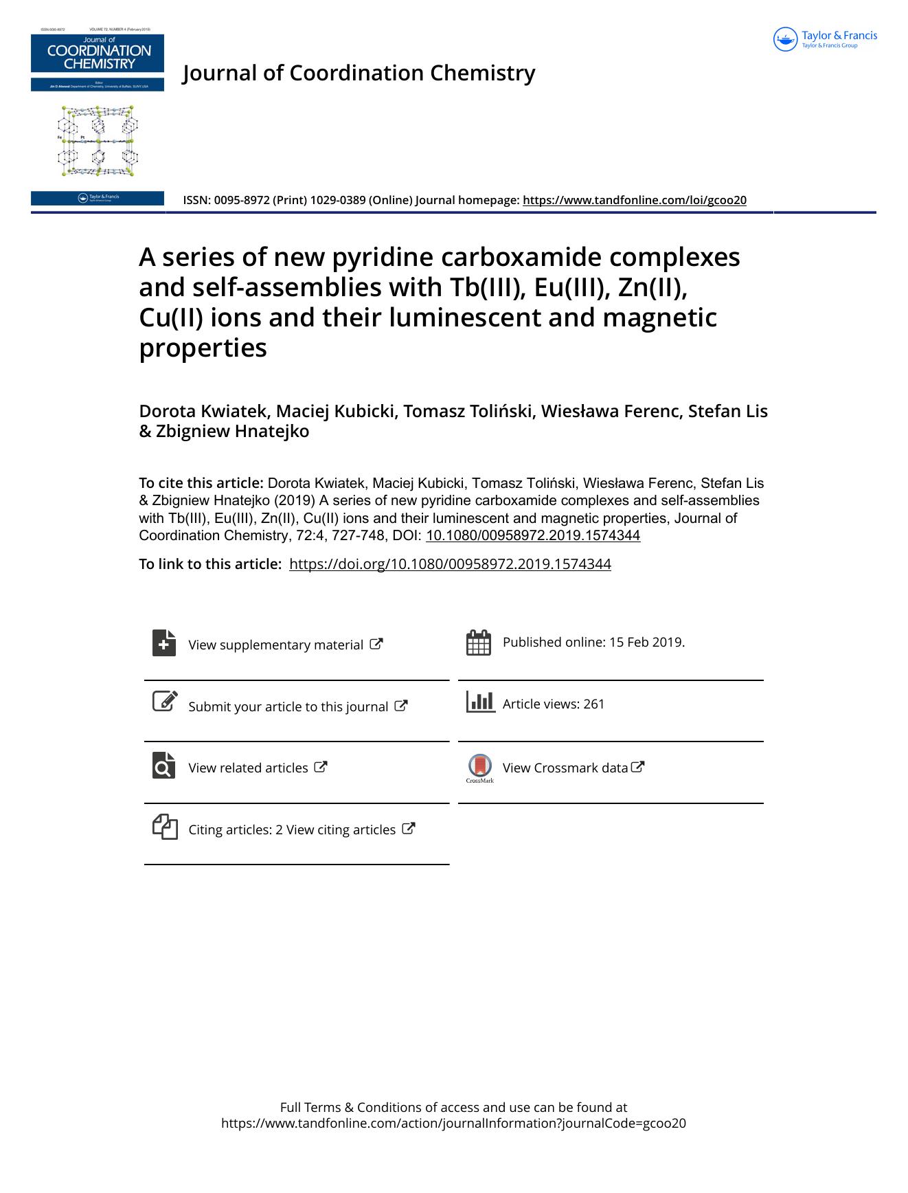 A series of new pyridine carboxamide complexes and self-assemblies with Tb(III), Eu(III), Zn(II), Cu(II) ions and their luminescent and magnetic properties by unknow