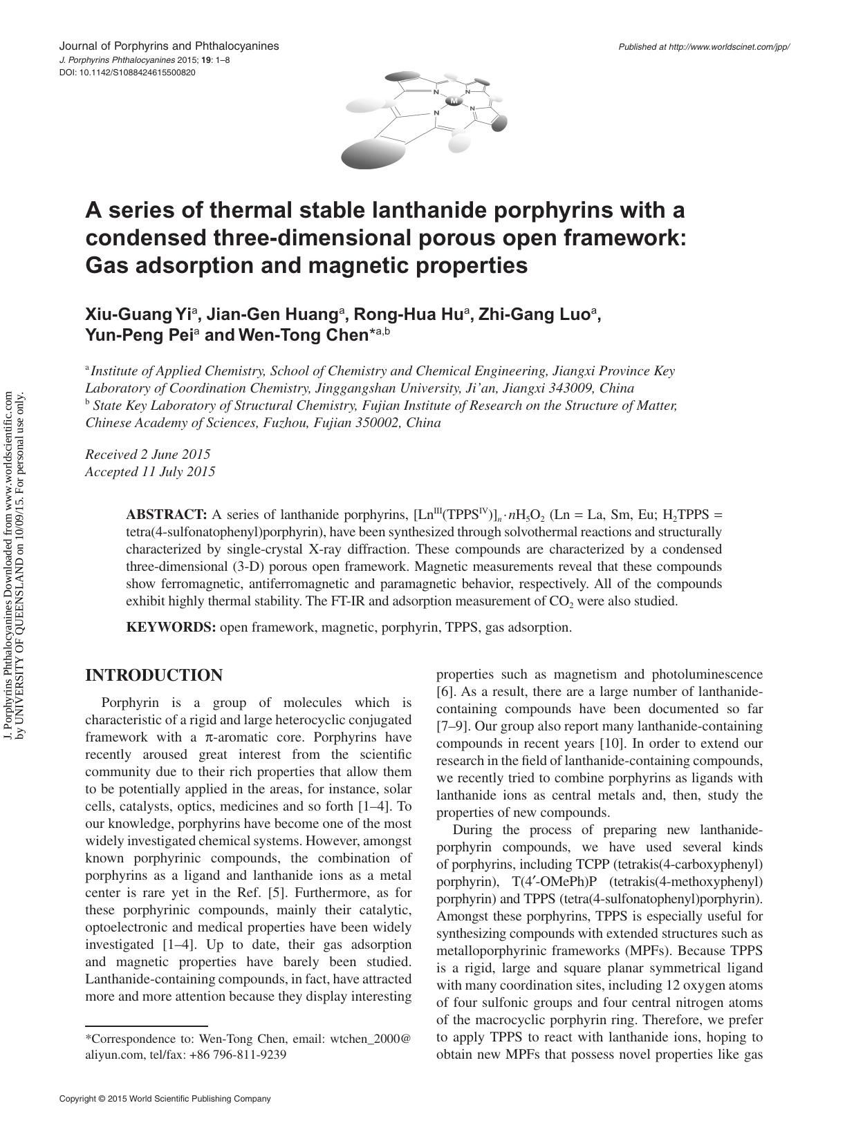 A series of thermal stable lanthanide porphyrins with a condensed three-dimensional porous open framework: Gas adsorption and magnetic properties by Xiu-Guang Yi Jian-Gen Huang Rong-Hua Hu Zhi-Gang Luo Yun-Peng Pei & Wen-Tong Chen