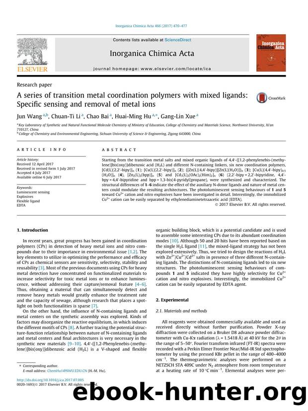 A series of transition metal coordination polymers with mixed ligands: Specific sensing and removal of metal ions by Jun Wang & Chuan-Ti Li & Chao Bai & Huai-Ming Hu & Gang-Lin Xue