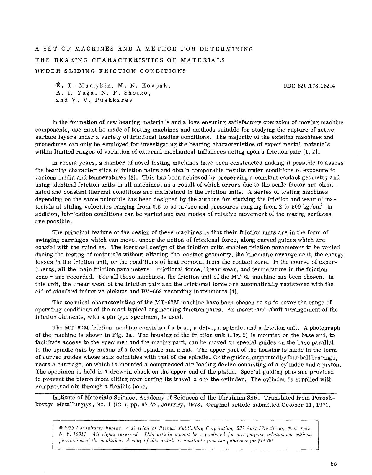 A set of machines and a method for determining the bearing characteristics of materials under sliding friction conditions by Unknown