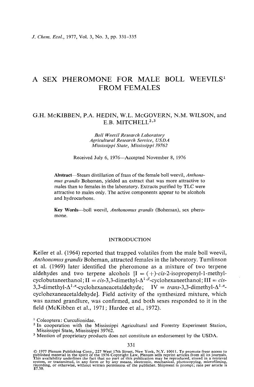A sex pheromone for male boll weevils from females by Unknown