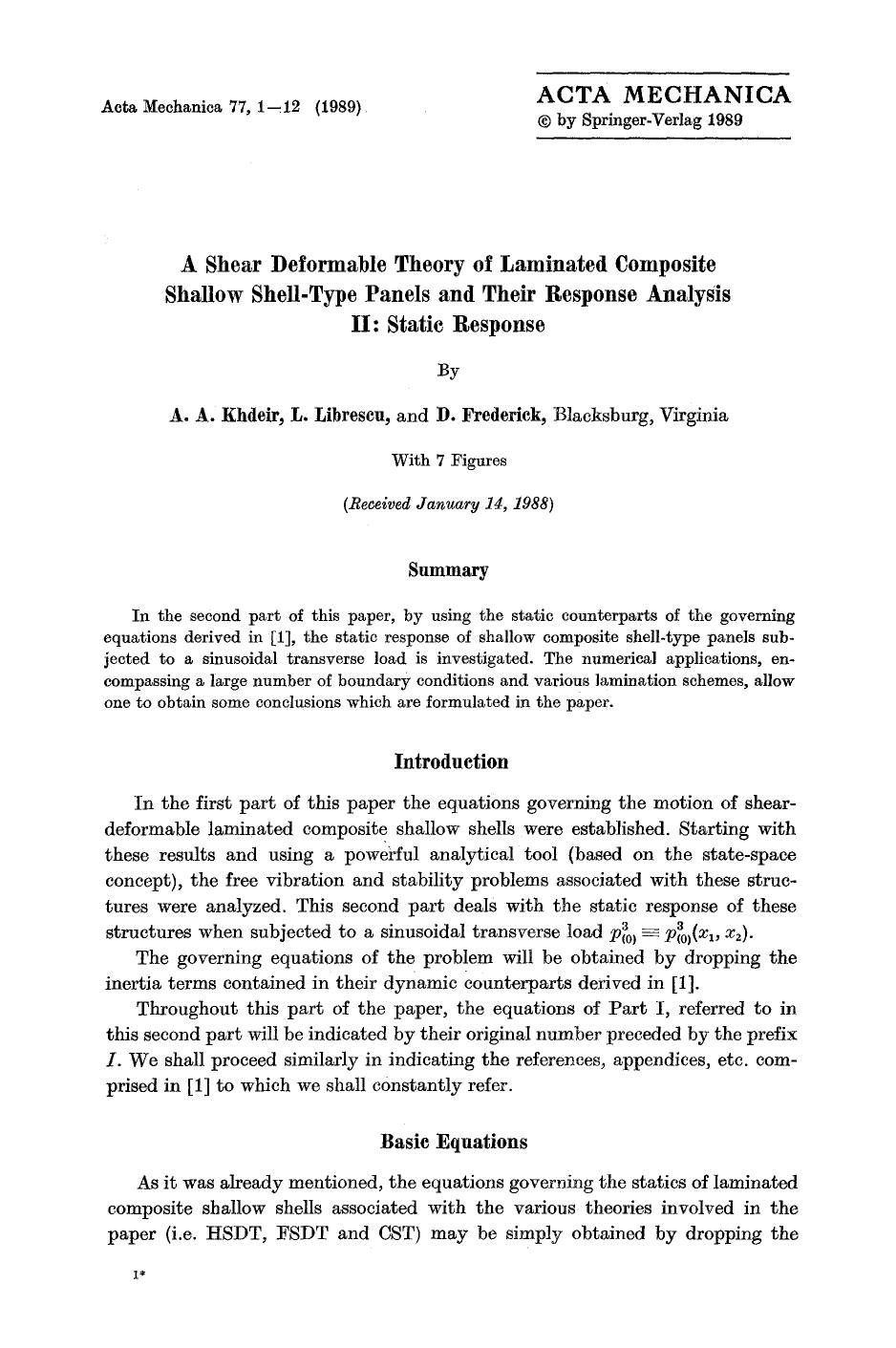 A shear deformable theory of laminated composite shallow shell-type panels and their response analysis II: Static response by Unknown