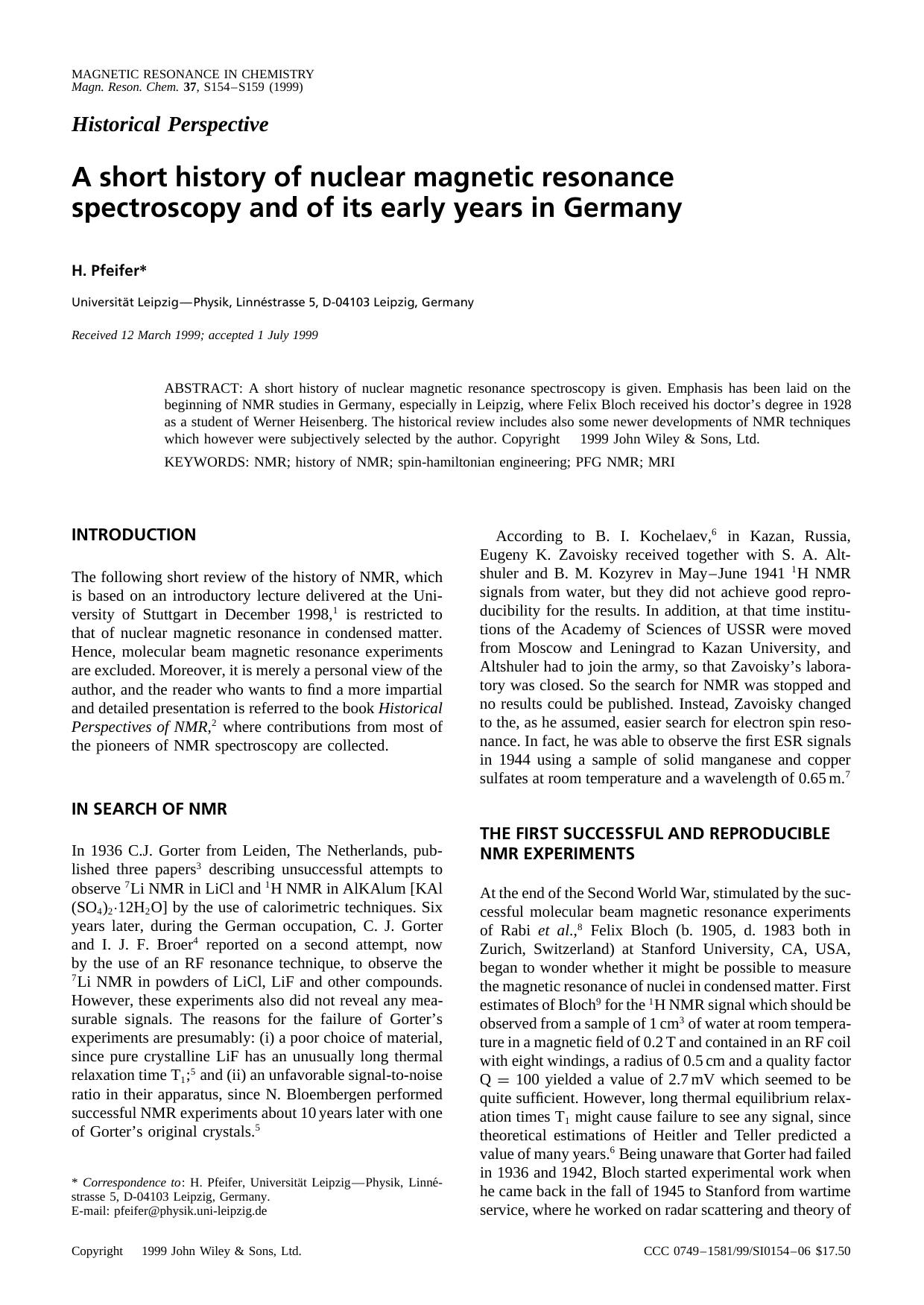 A short history of nuclear magnetic resonance spectroscopy and of its early years in Germany by Unknown