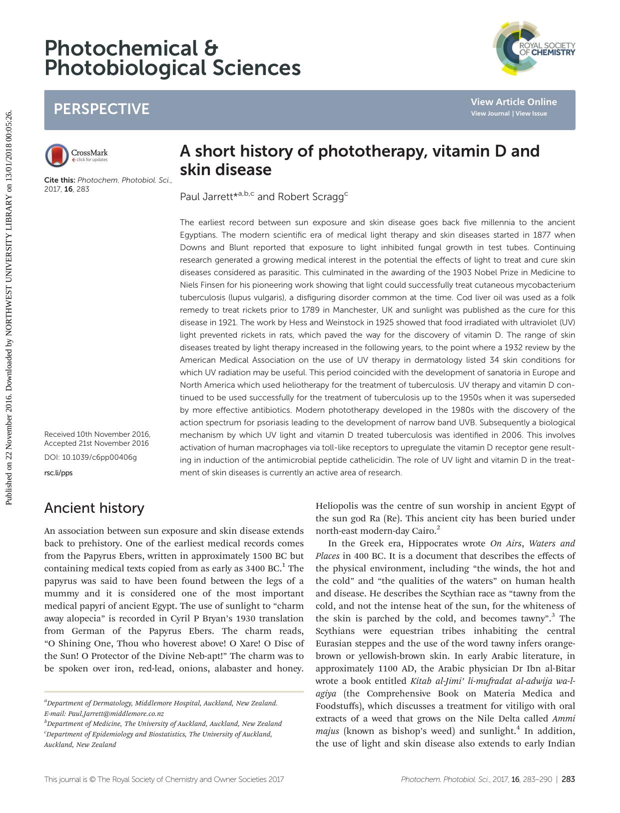 A short history of phototherapy, vitamin D and skin disease by Paul Jarrett Robert Scragg