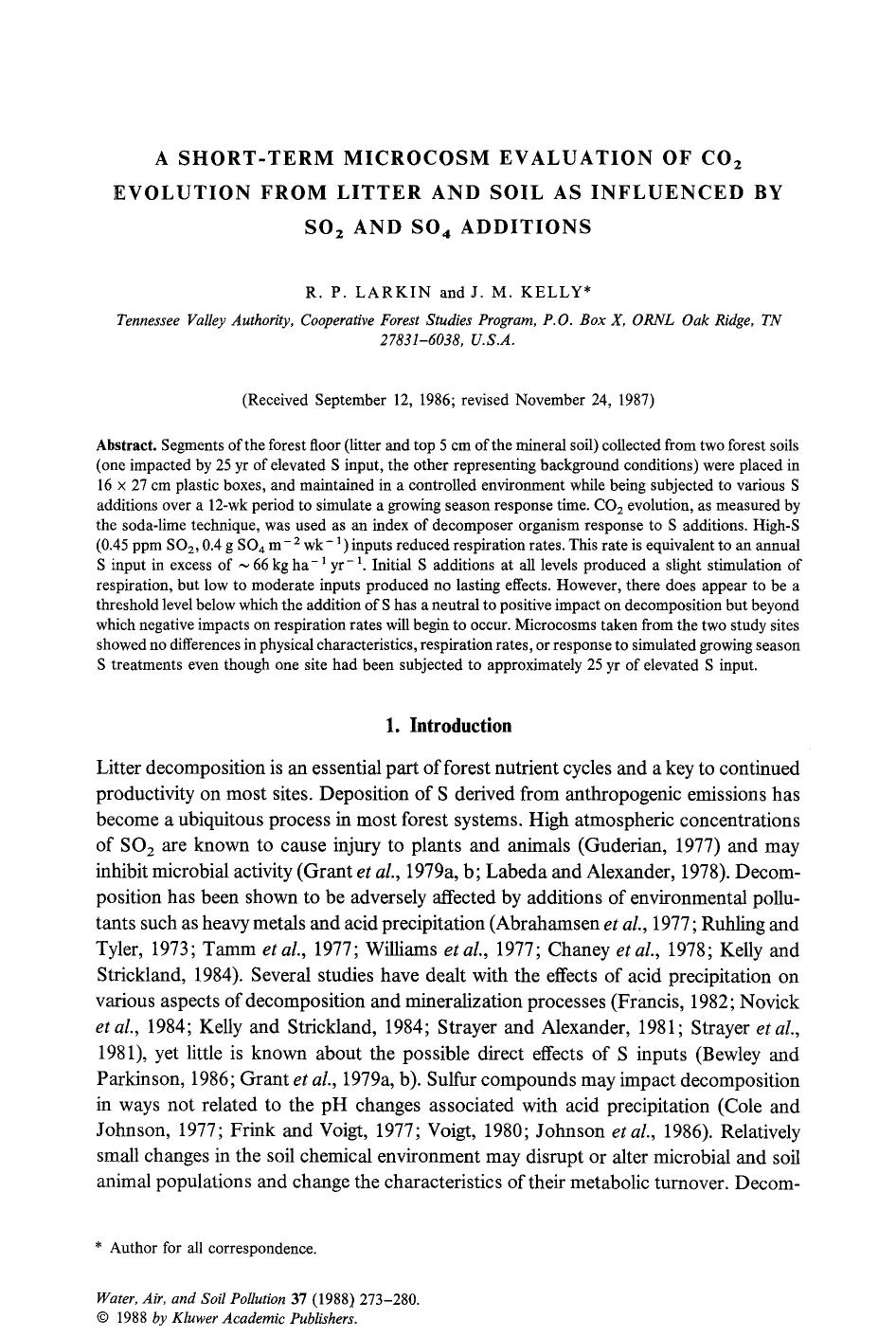 A short-term microcosm evaluation of CO<Subscript>2<Subscript> evolution from litter and soil as influenced by SO<Subscript>2<Subscript> AND SO<Subscript>4<Subscript> additions by Unknown