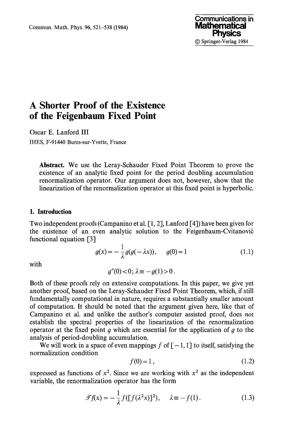 A shorter proof of the existence of the Feigenbaum fixed point by Unknown