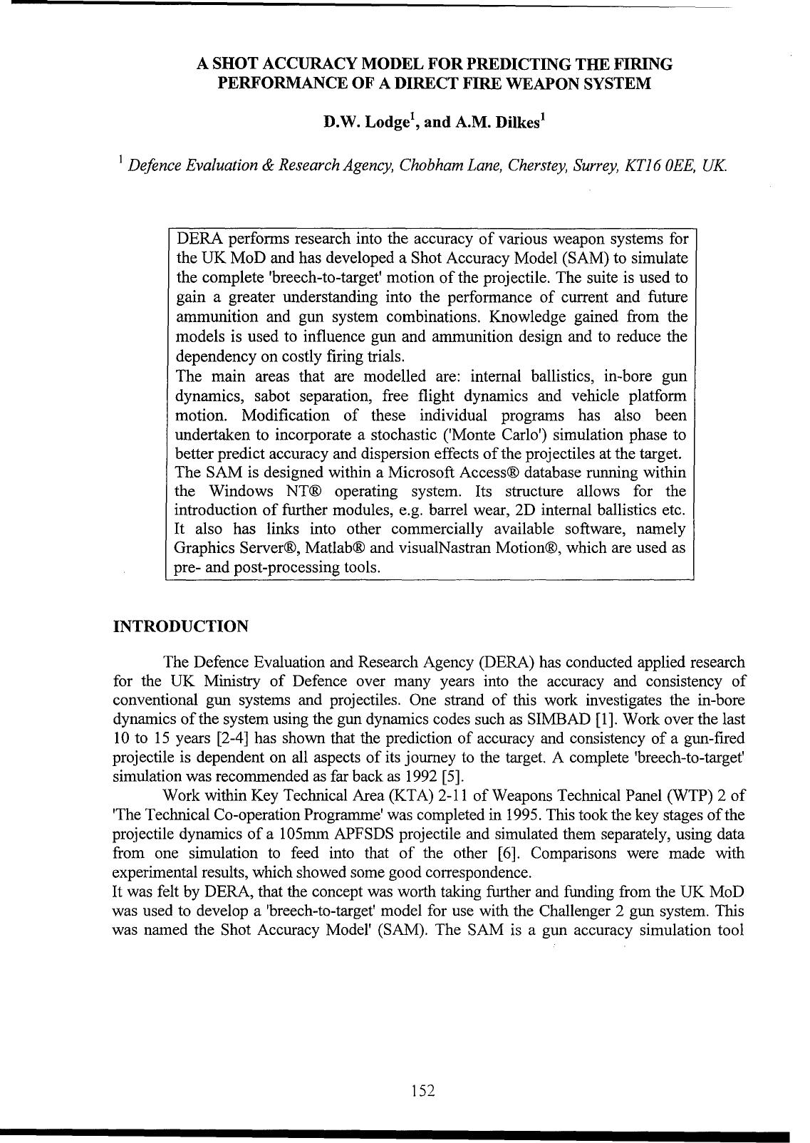 A shot accuracy model for predicting the firing performance of a direct fire weapon system by Lodge D.W. Dilkes A.M