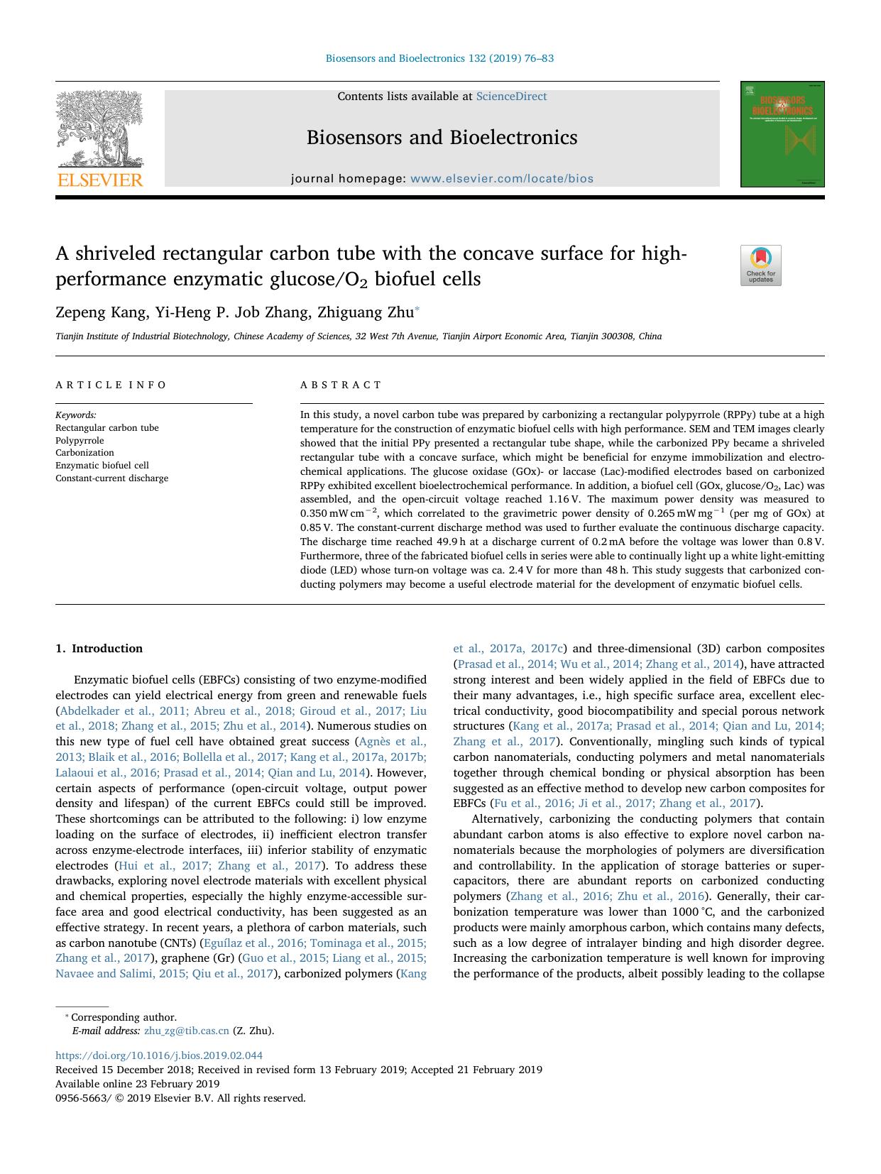 A shriveled rectangular carbon tube with the concave surface for high-performance enzymatic glucoseO2 biofuel cells by Zepeng Kang & Yi-Heng P. Job Zhang & Zhiguang Zhu
