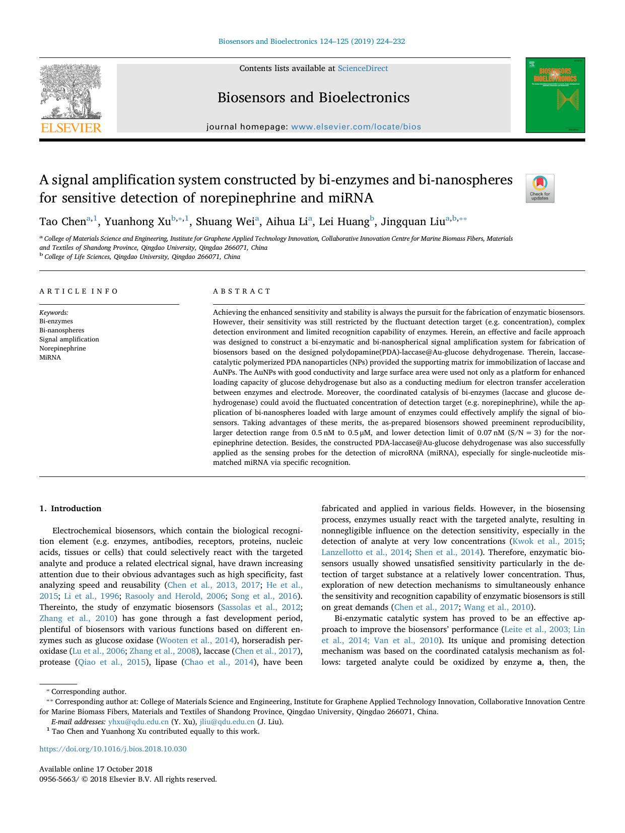 A signal amplification system constructed by bi-enzymes and bi-nanospheres for sensitive detection of norepinephrine and miRNA by Tao Chen & Yuanhong Xu & Shuang Wei & Aihua Li & Lei Huang & Jingquan Liu