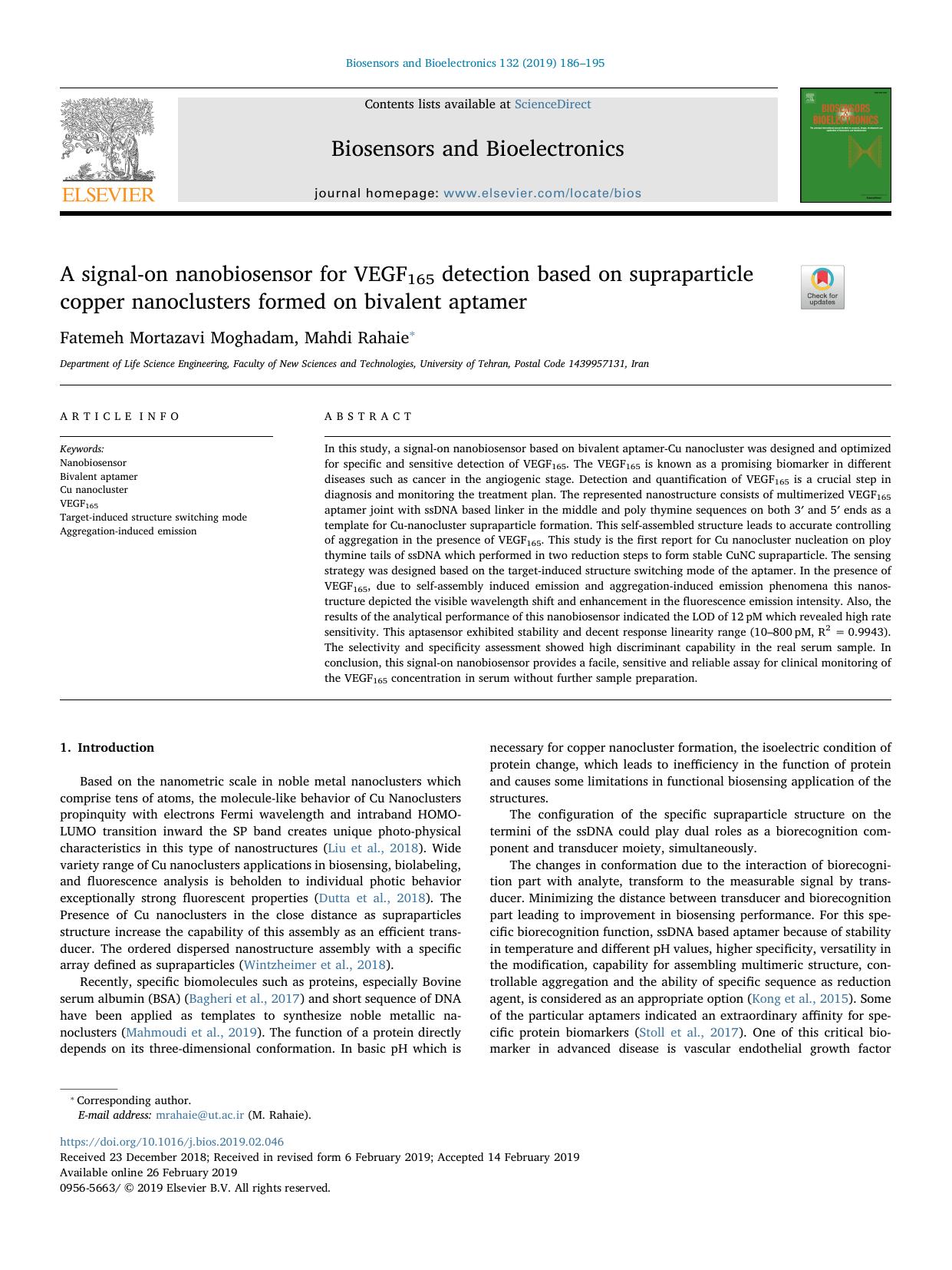 A signal-on nanobiosensor for VEGF165 detection based on supraparticle copper nanoclusters formed on bivalent aptamer by Fatemeh Mortazavi Moghadam & Mahdi Rahaie