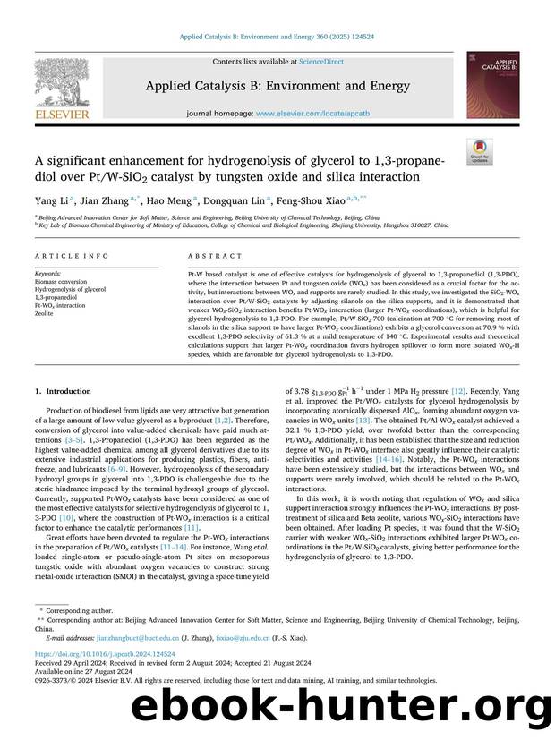 A significant enhancement for hydrogenolysis of glycerol to 1,3-propanediol over PtW-SiO2 catalyst by tungsten oxide and silica interaction by Yang Li & Jian Zhang & Hao Meng & Dongquan Lin & Feng-Shou Xiao