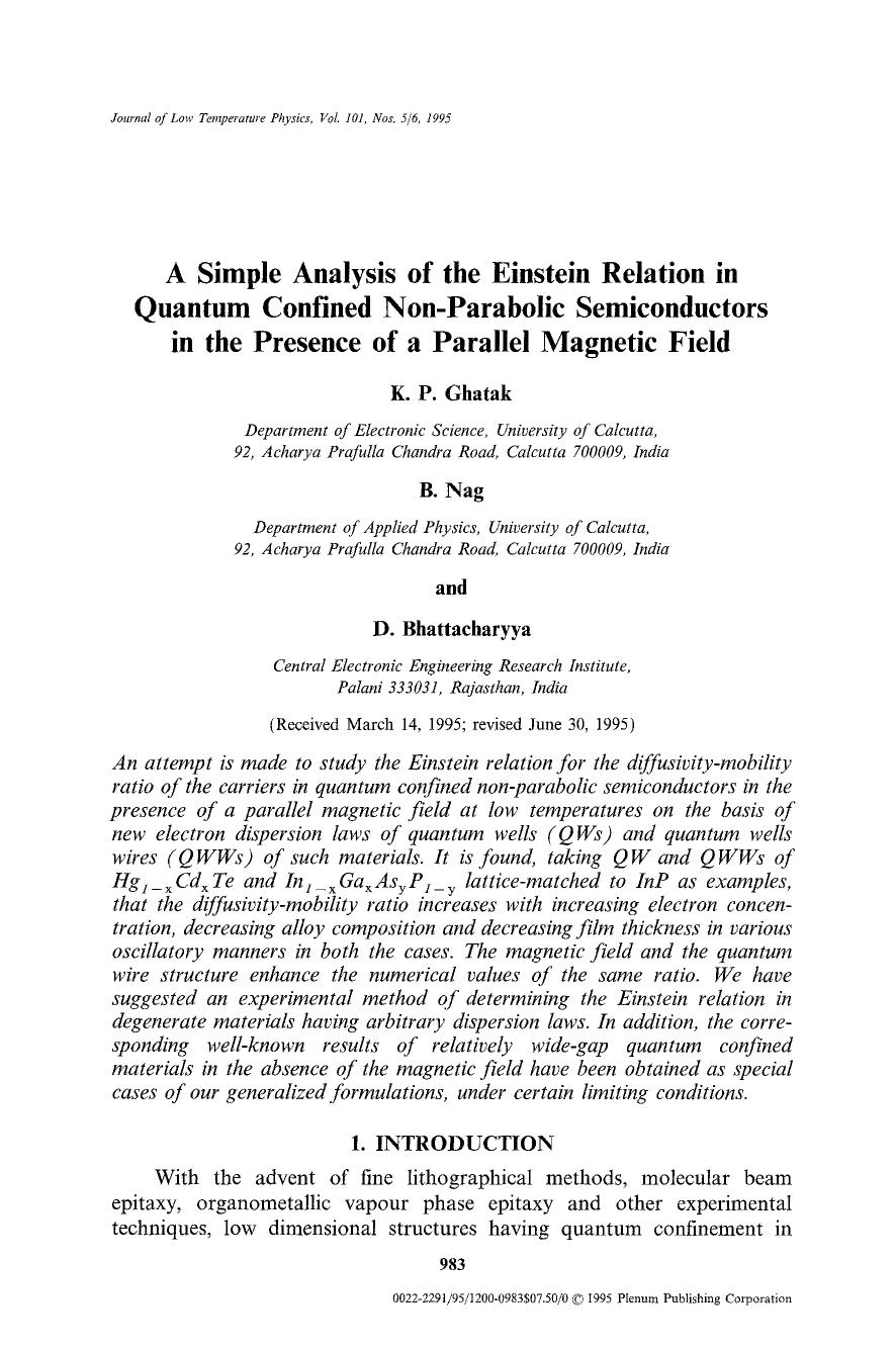 A simple analysis of the Einstein relation in quantum confined non-parabolic semiconductors in the presence of a parallel magnetic field by Unknown
