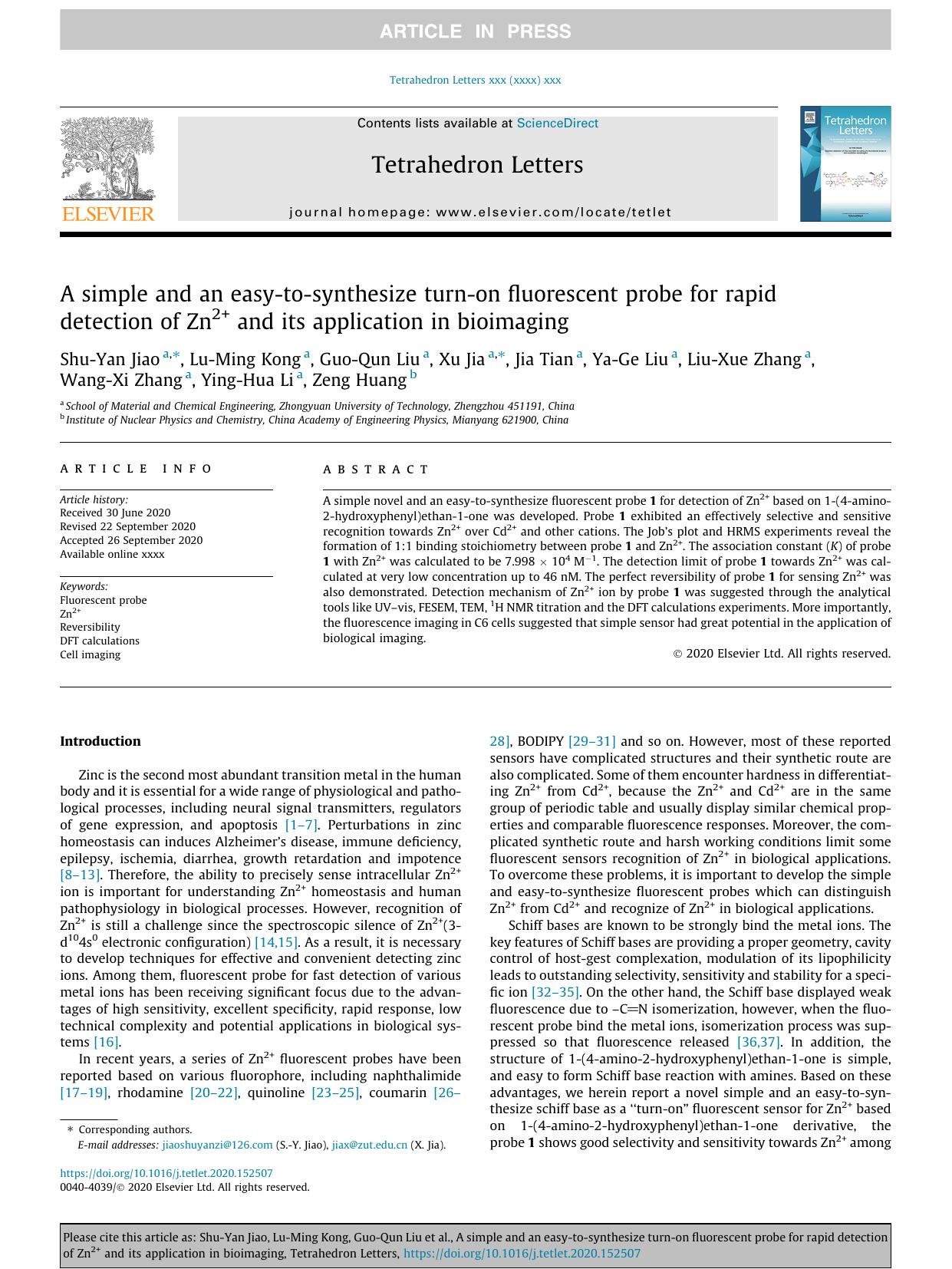 A simple and an easy-to-synthesize turn-on fluorescent probe for rapid detection of Zn2+ and its application in bioimaging by unknow