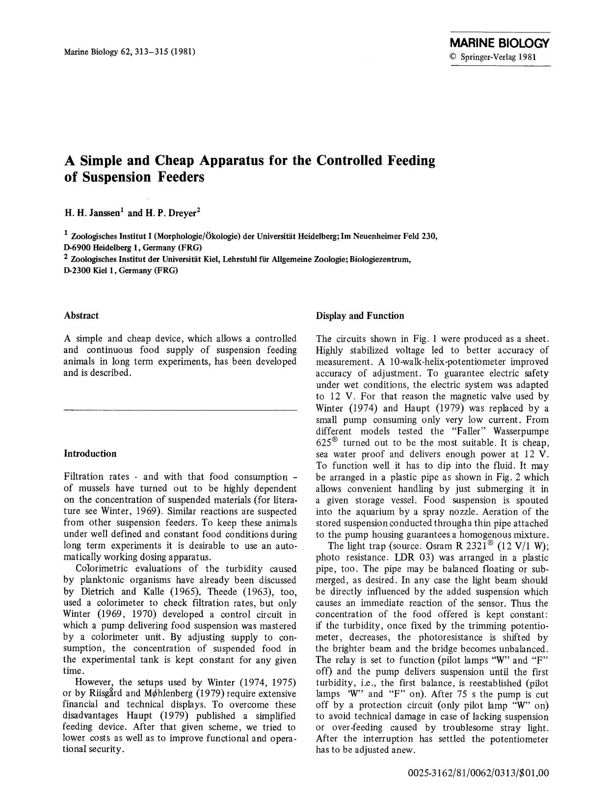 A simple and cheap apparatus for the controlled feeding of suspension feeders by Unknown