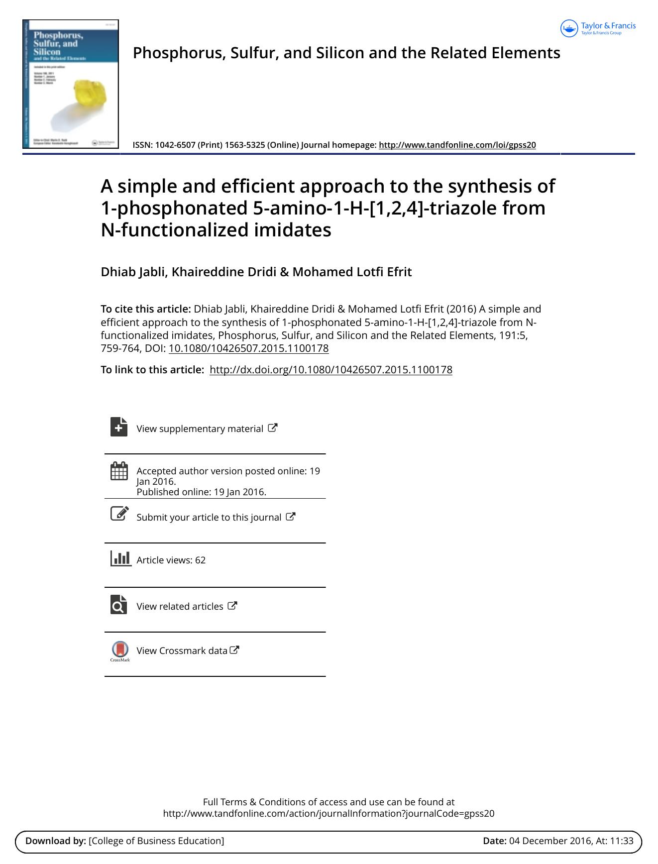 A simple and efficient approach to the synthesis of 1-phosphonated 5-amino-1-H-[1,2,4]-triazole from N-functionalized imidates by Dhiab Jabli & Khaireddine Dridi & Mohamed Lotfi Efrit