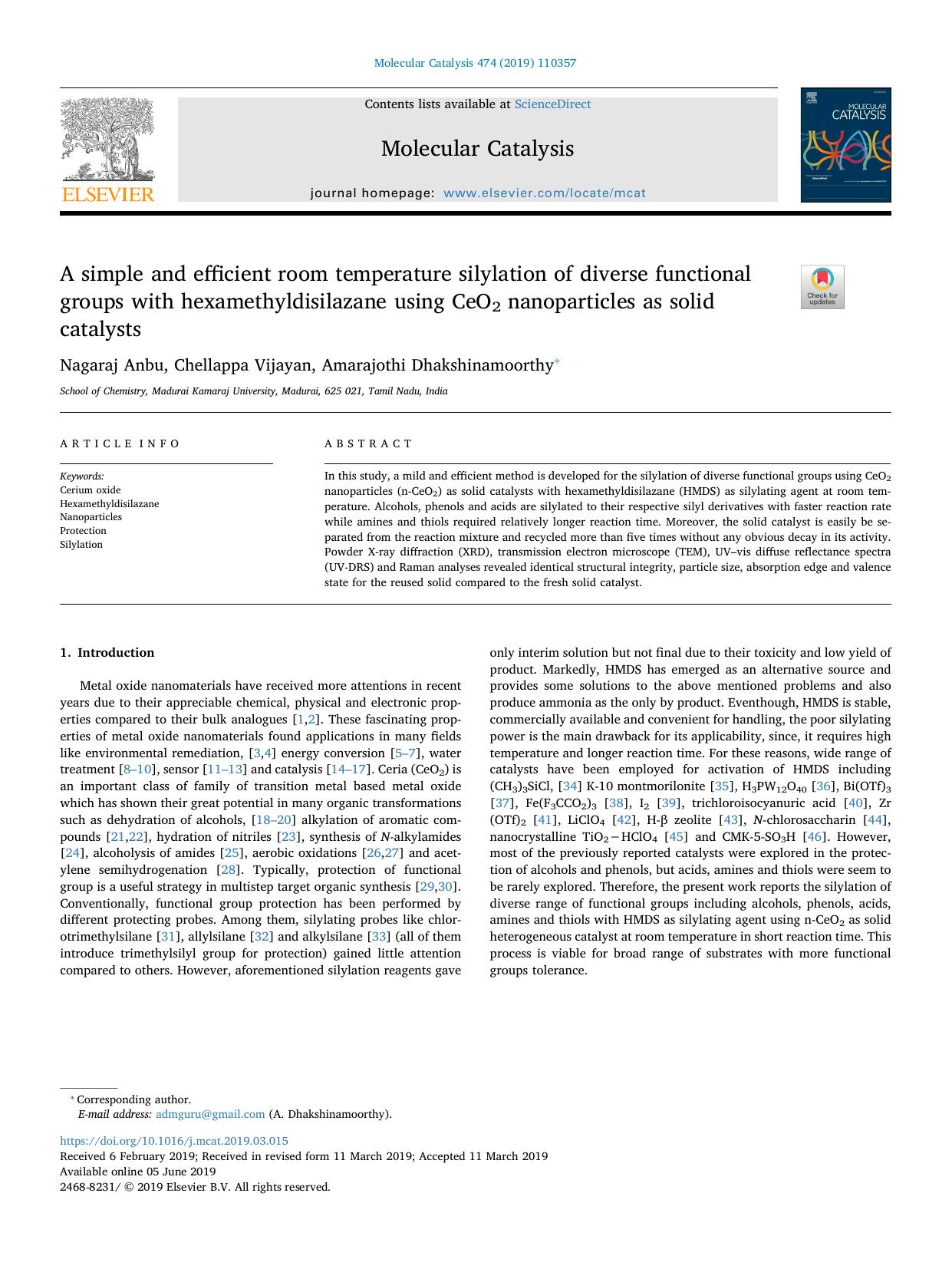 A simple and efficient room temperature silylation of diverse functional groups with hexamethyldisilazane using CeO2 nanoparticles as solid catalysts by Nagaraj Anbu & Chellappa Vijayan & Amarajothi Dhakshinamoorthy
