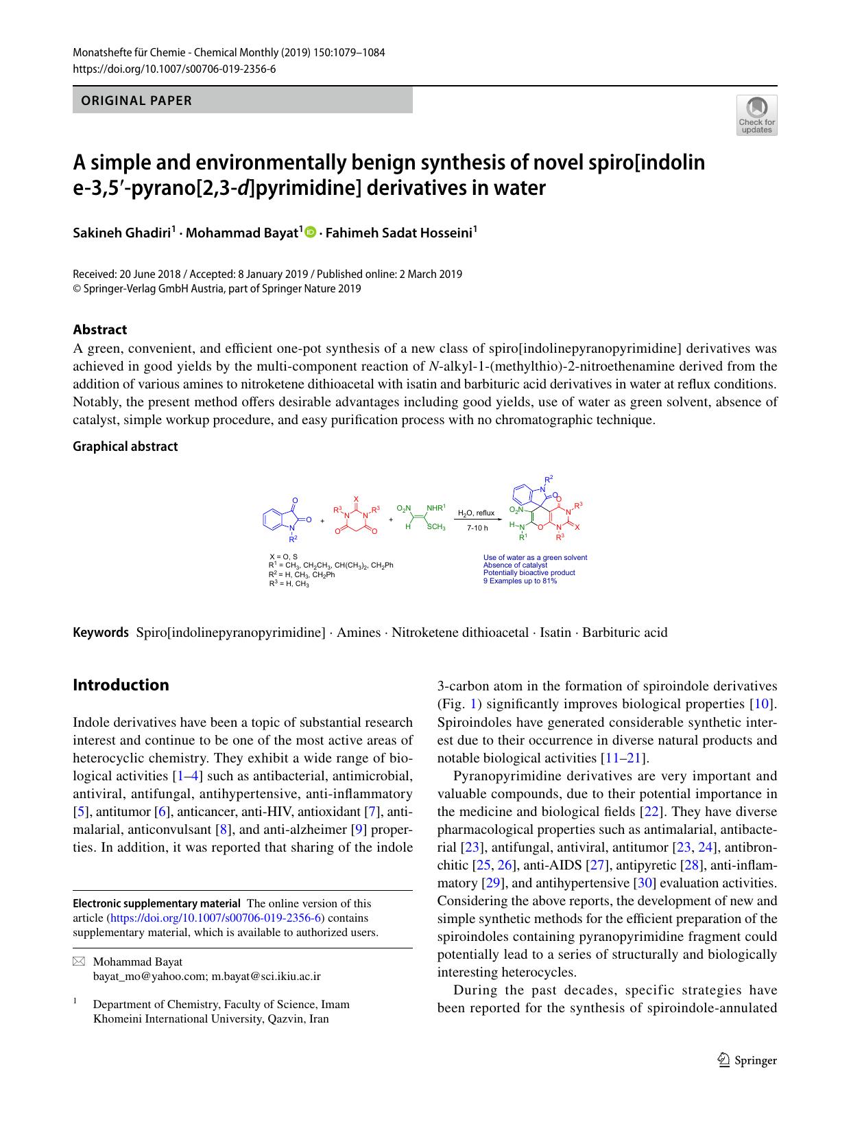 A simple and environmentally benign synthesis of novel spiro[indoline-3,5â²-pyrano[2,3-d]pyrimidine] derivatives in water by Sakineh Ghadiri & Mohammad Bayat & Fahimeh Sadat Hosseini