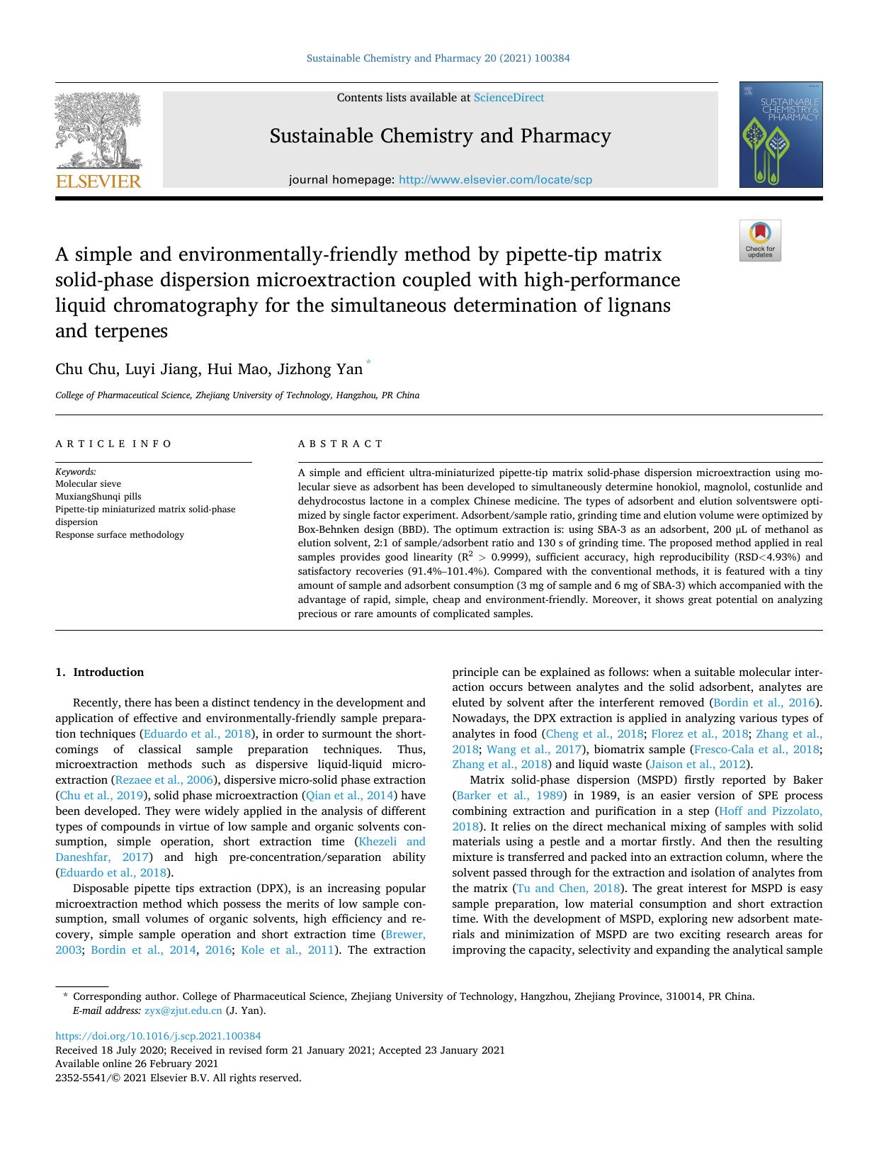 A simple and environmentally-friendly method by pipette-tip matrix solid-phase dispersion microextraction coupled with high-performance liquid chromatography for the simultaneous d by Chu Chu & Luyi Jiang & Hui Mao & Jizhong Yan