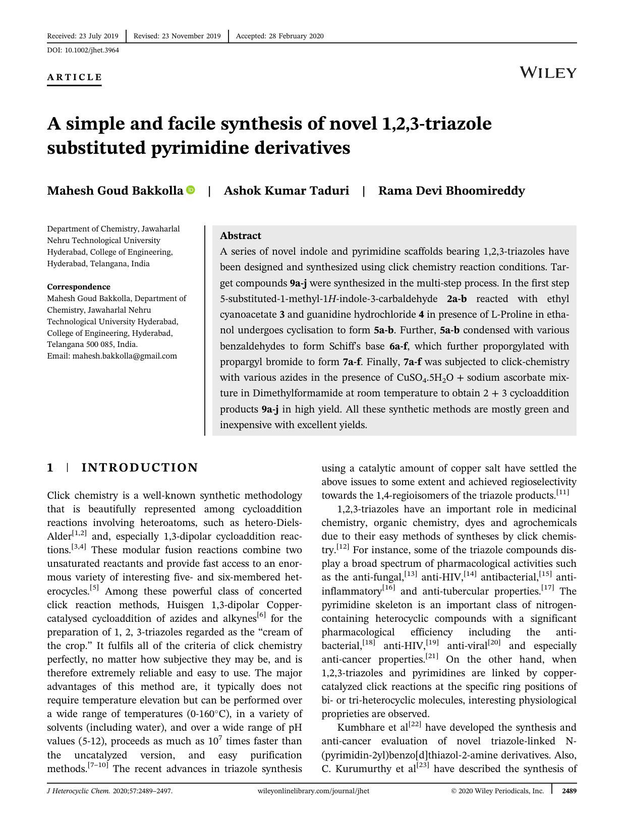 A simple and facile synthesis of novel 1, 2, 3-triazole substituted pyrimidine derivatives by Unknown