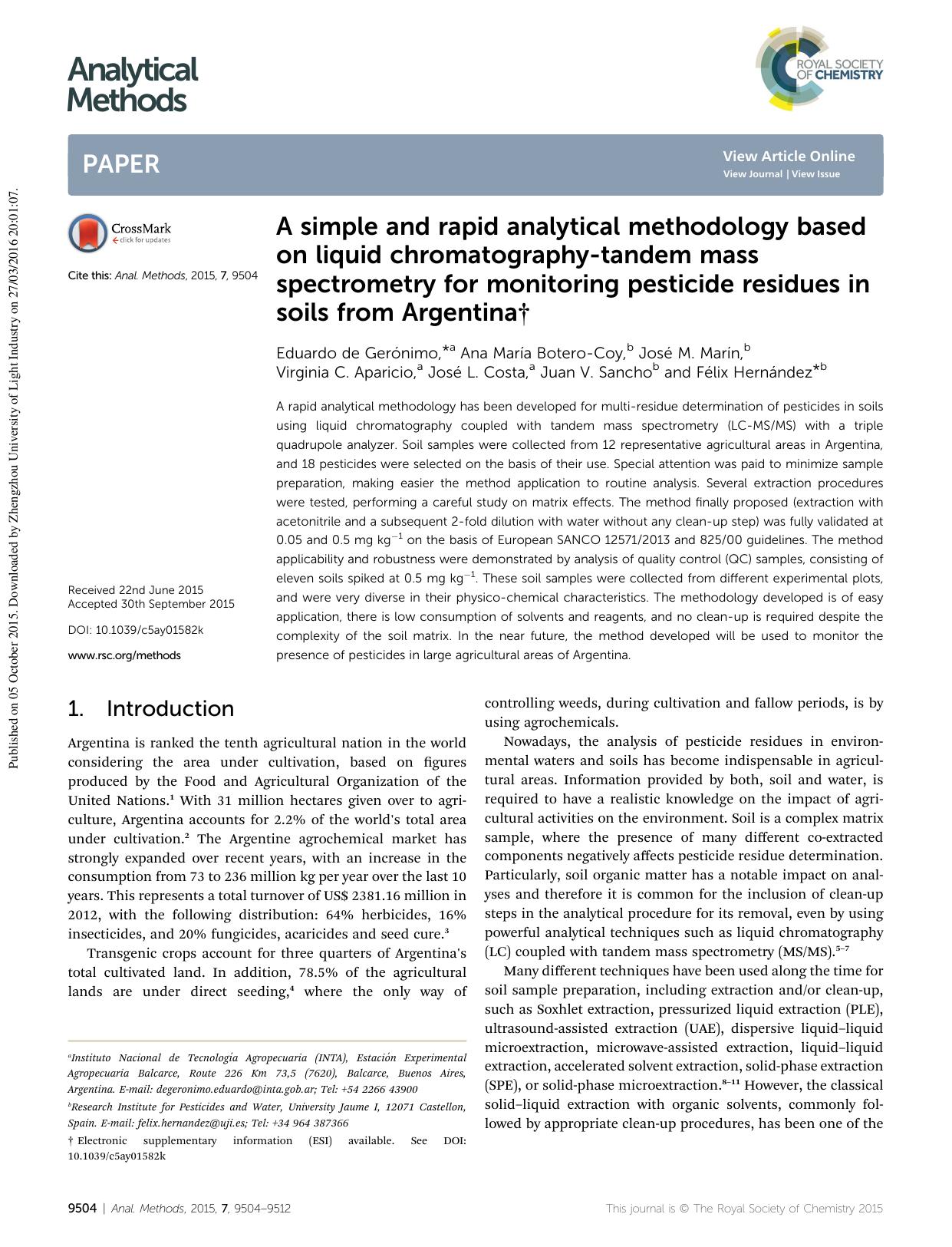A simple and rapid analytical methodology based on liquid chromatography-tandem mass spectrometry for monitoring pesticide residues in soils from Argentina by unknow