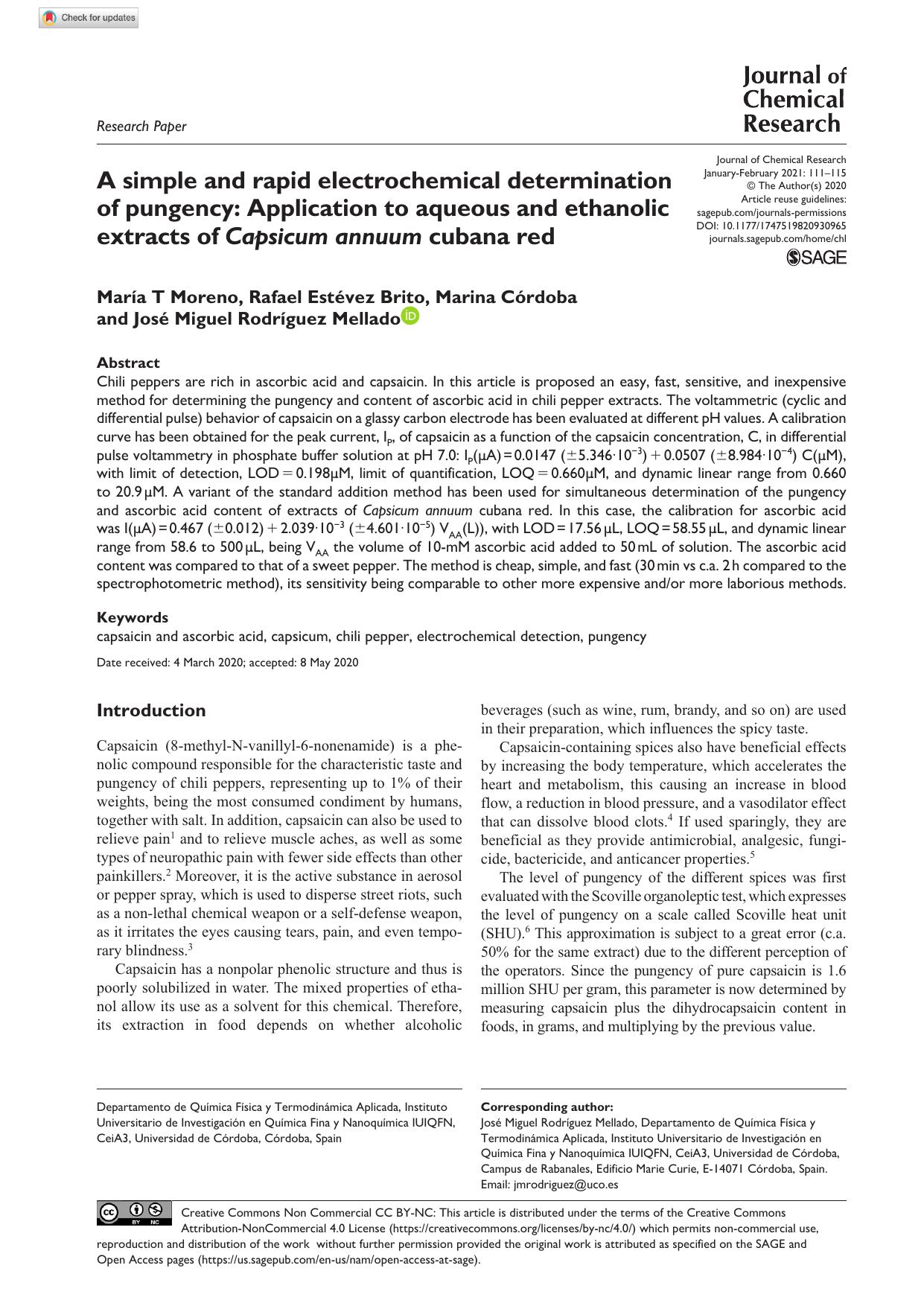 A simple and rapid electrochemical determination of pungency: Application to aqueous and ethanolic extracts of Capsicum annuum cubana red by María T Moreno Rafael Estévez Brito Marina Córdoba & José Miguel Rodríguez Mellado
