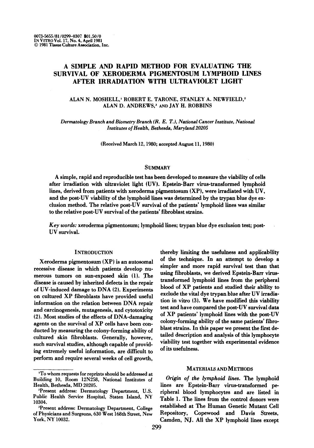 A simple and rapid method for evaluating the survival of xeroderma pigmentosum lymphoid lines after irradiation with ultraviolet light by Unknown