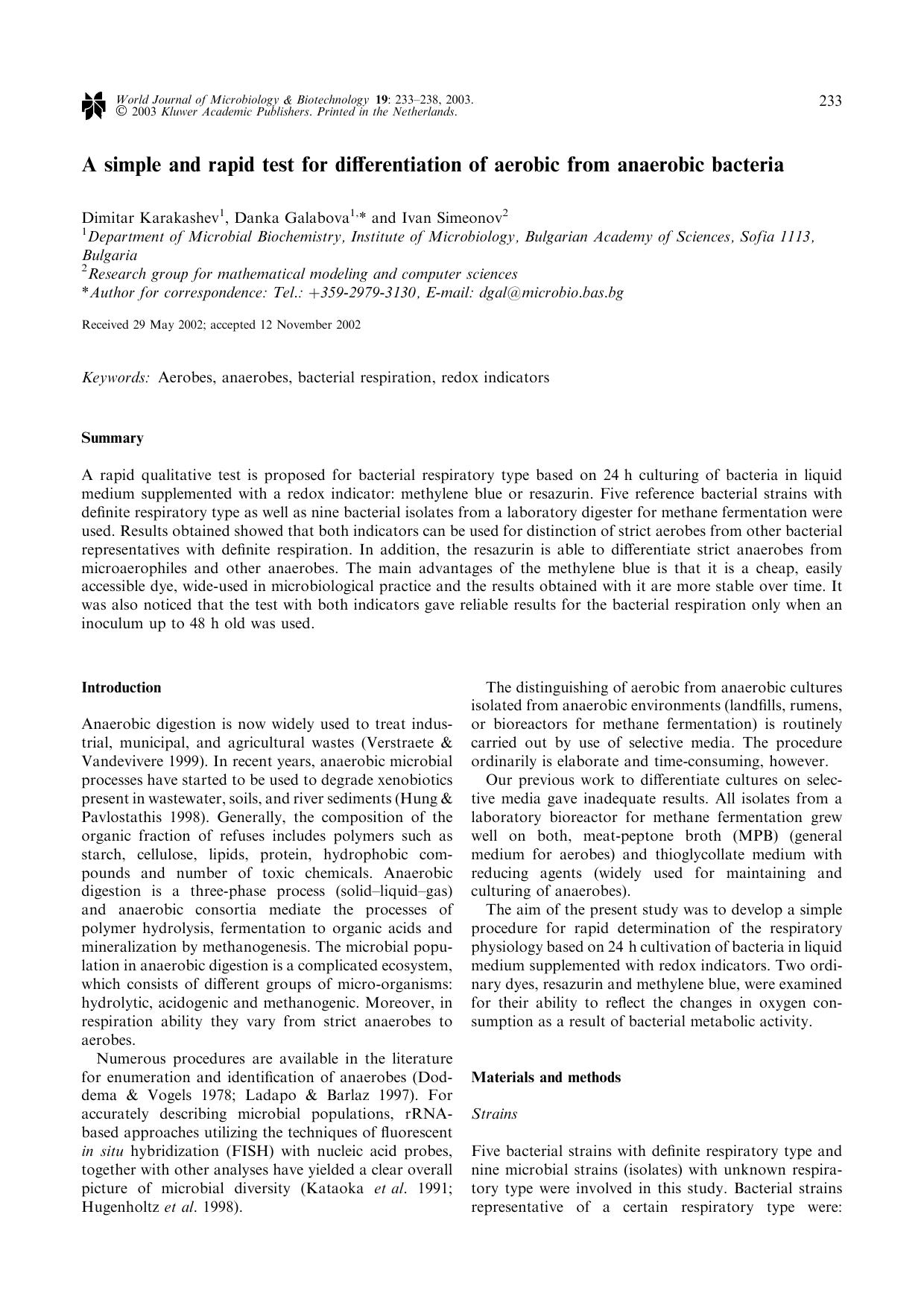 A simple and rapid test for differentiation of aerobic from anaerobic bacteria by Unknown