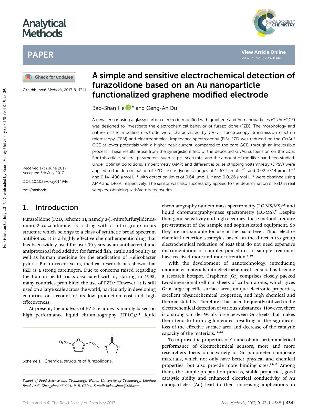 A simple and sensitive electrochemical detection of furazolidone based on an Au nanoparticle functionalized graphene modified electrode by Bao-Shan He & Geng-An Du