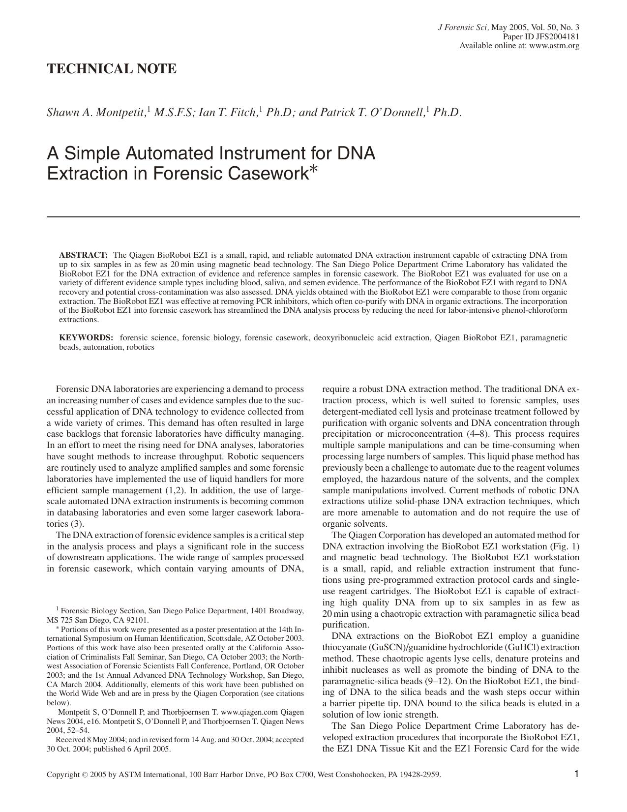 A simple automated instrument for DNA extraction in forensic casework by Montpetit SA Fitch IT O'Donnell PT