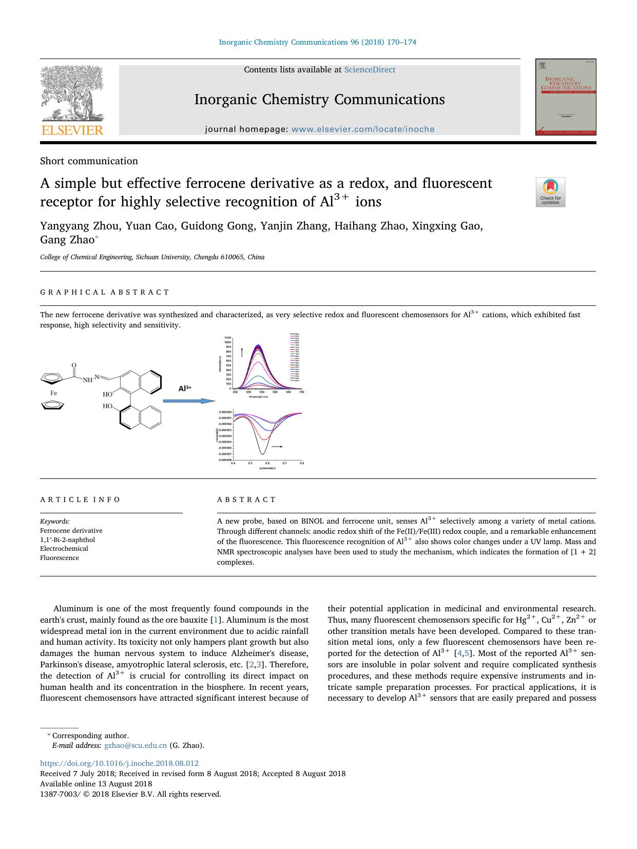 A simple but effective ferrocene derivative as a redox, and fluorescent receptor for highly selective recognition of Al3+ ions by Yangyang Zhou & Yuan Cao & Guidong Gong & Yanjin Zhang & Haihang Zhao & Xingxing Gao & Gang Zhao