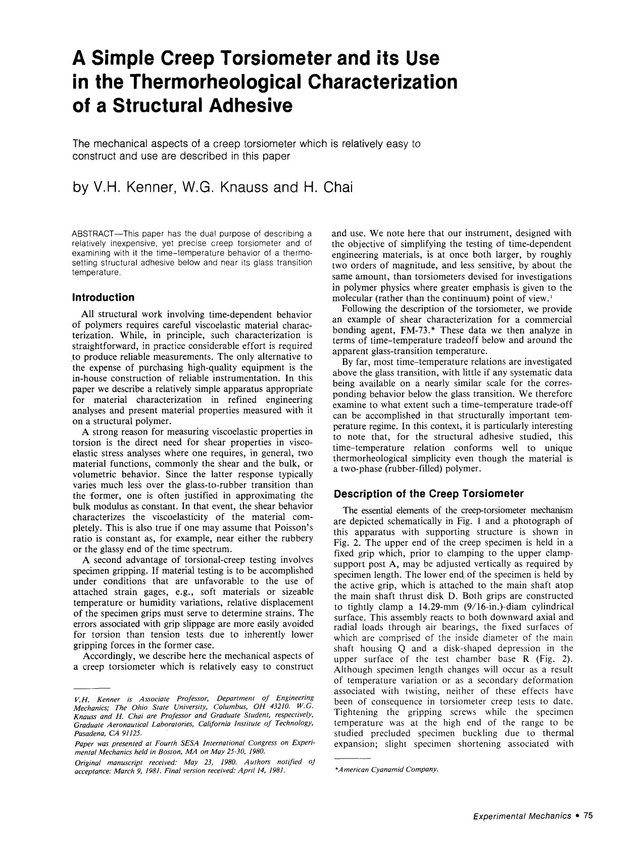 A simple creep torsiometer and its use in the thermorheological characterization of a structural adhesive by Unknown