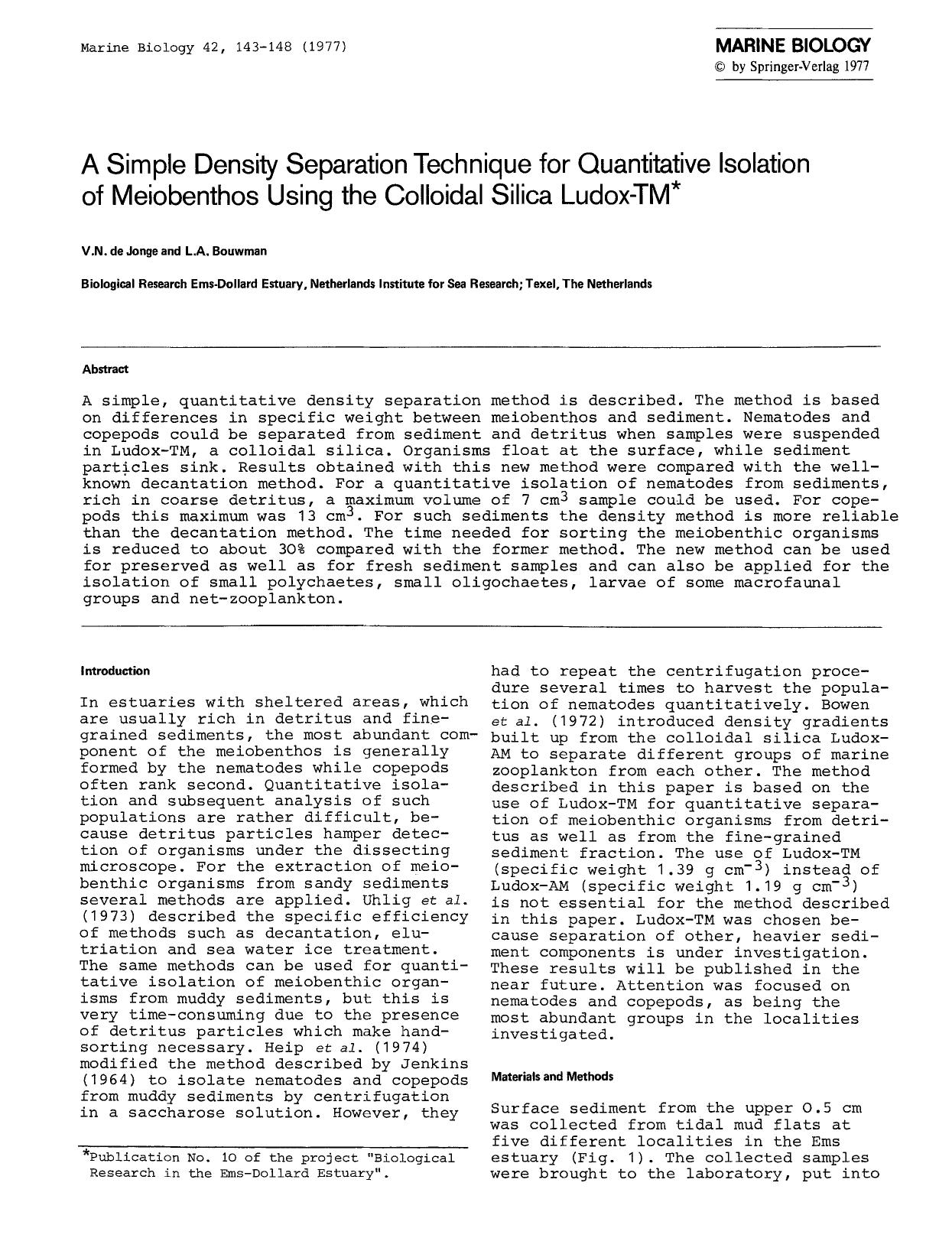 A simple density separation technique for quantitative isolation of meiobenthos using the colloidal silica Ludox-TM by Unknown