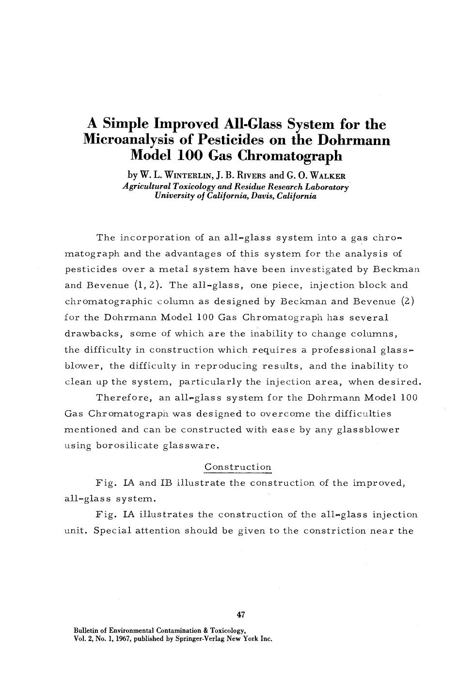 A simple improved all-glass system for the microanalysis of pesticides on the Dohrmann Model 100 Gas Chromatograph by Unknown