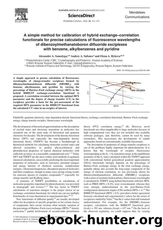 A simple method for calibration of hybrid exchangeâcorrelation functionals for precise calculations of fluorescence wavelengths of dibenzoylmethanatoboron difluoride exciplexes w by Alexander A. Samolyga & Andrey A. Safonov & Elena A. Rykova