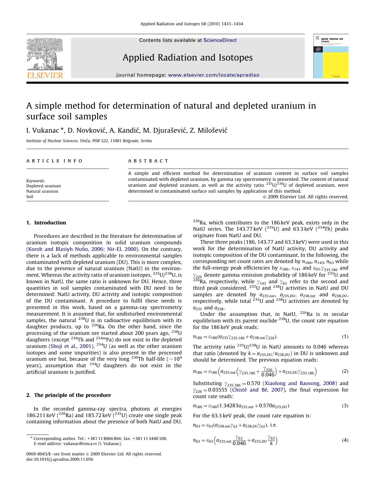A simple method for determination of natural and depleted uranium in surface soil samples by I. Vukanac; D. Novković; A. Kandić; M. Djurašević; Z. Milošević