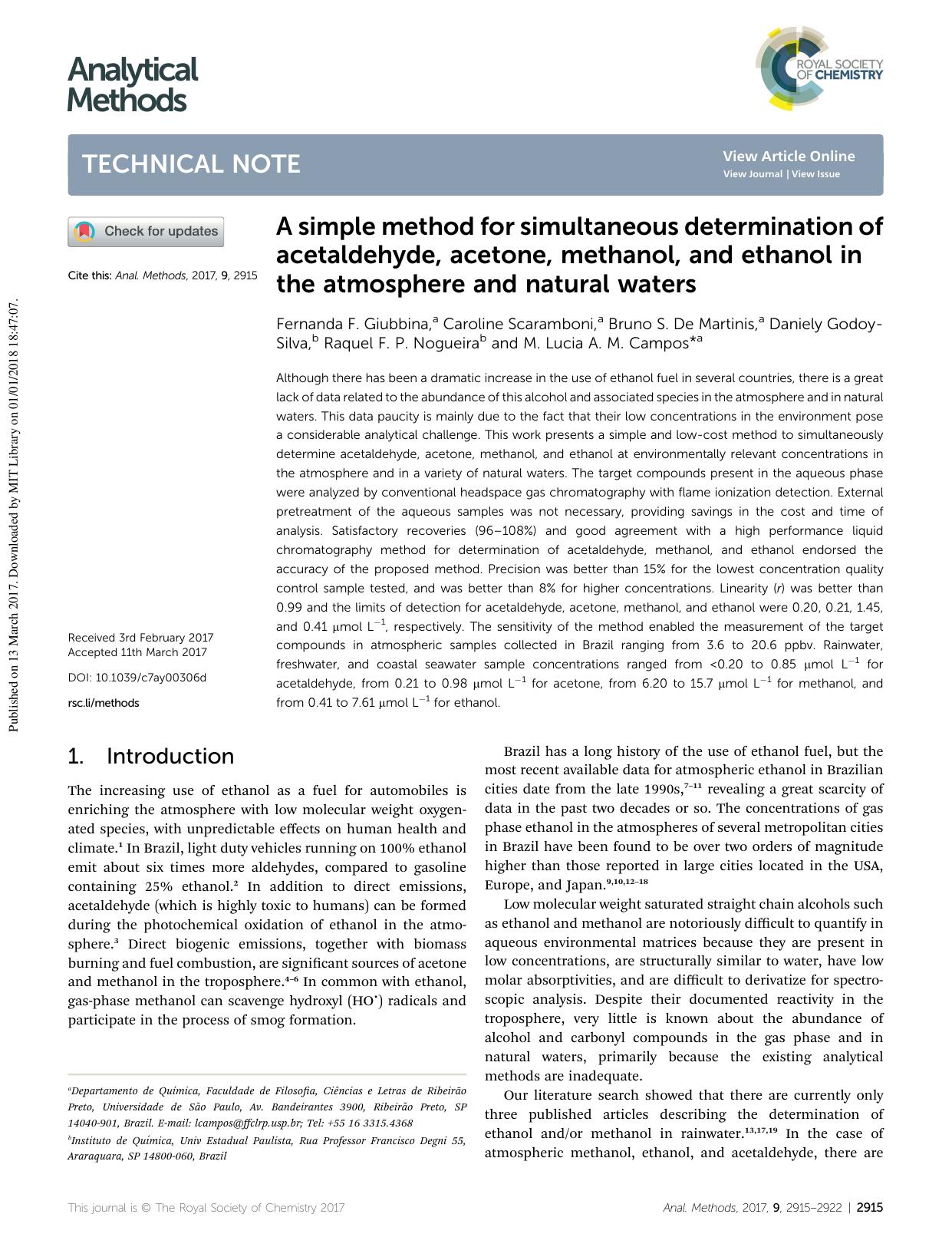 A simple method for simultaneous determination of acetaldehyde, acetone, methanol, and ethanol in the atmosphere and natural waters by unknow