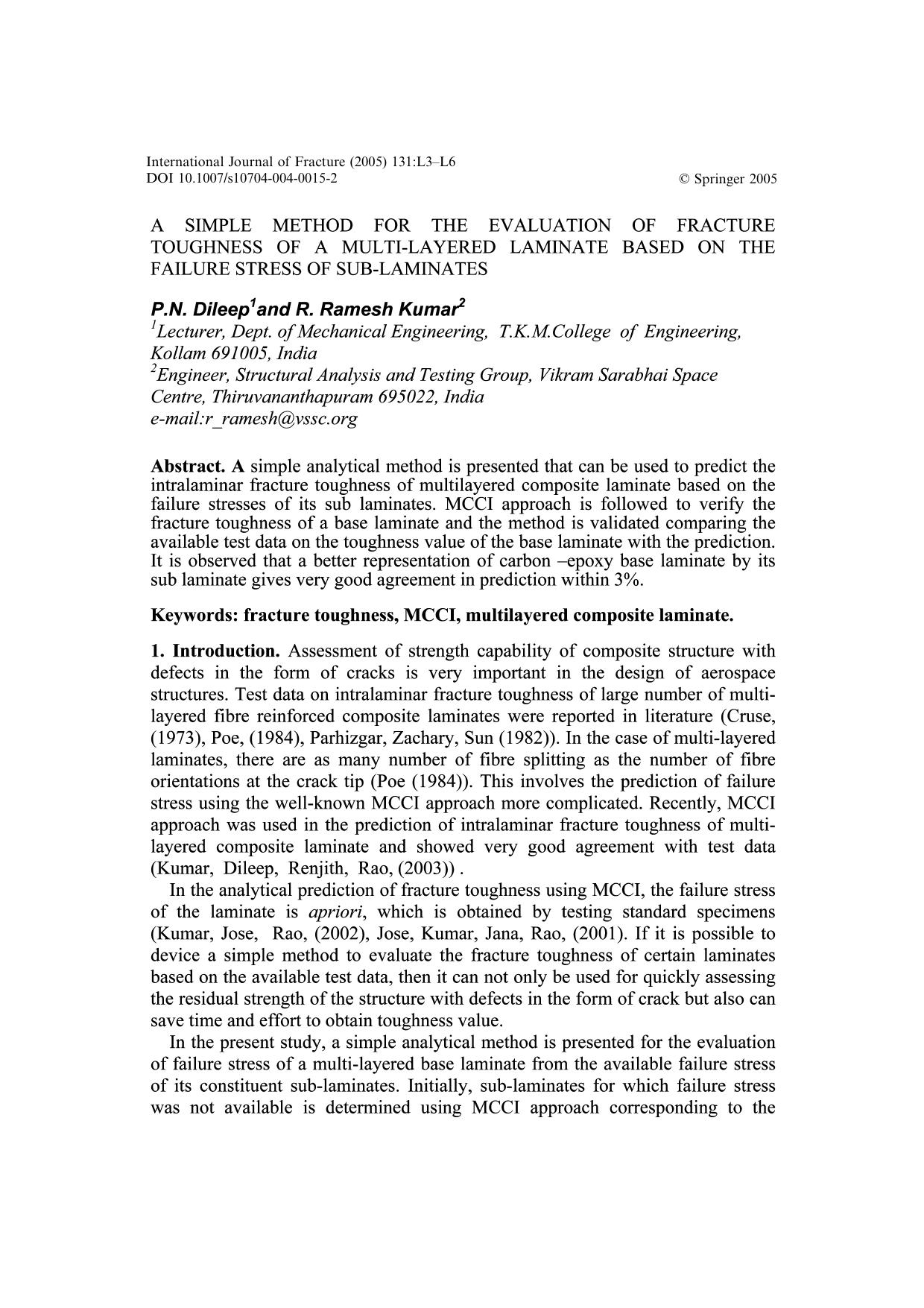 A simple method for the evaluation of fracture toughness of a multi-layered laminate based on the failure stress of by Unknown
