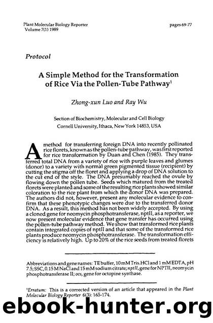 A simple method for the transformation of rice via the pollen-tube pathway by Unknown