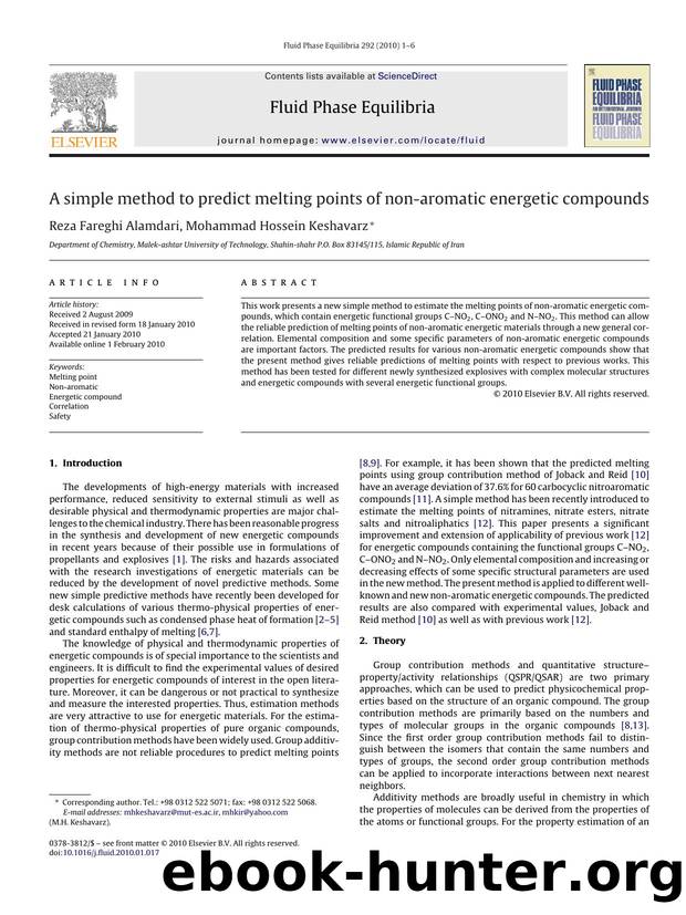 A simple method to predict melting points of non-aromatic energetic compounds by Reza Fareghi Alamdari; Mohammad Hossein Keshavarz