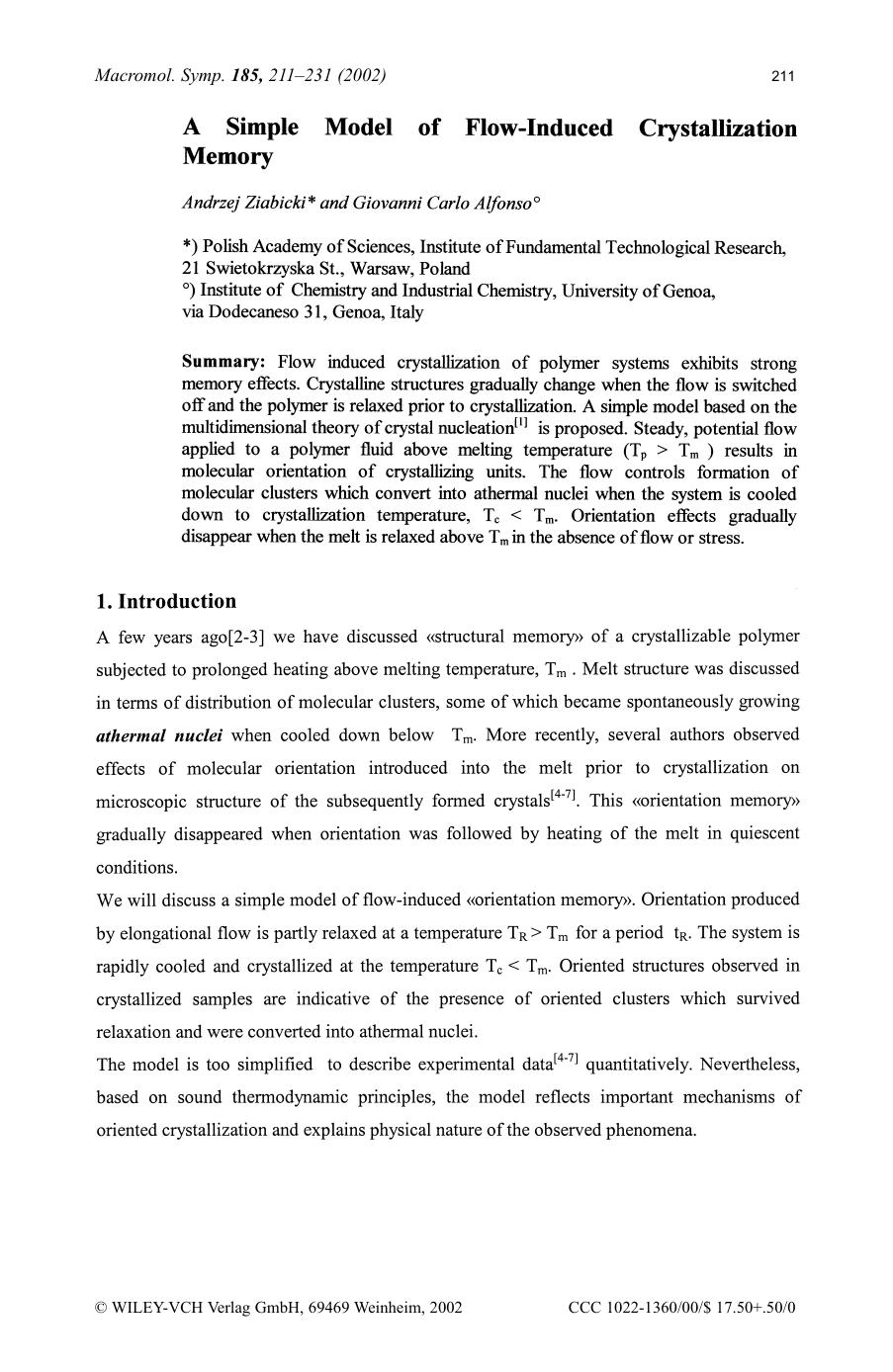 A simple model of flow-induced crystallization memory by SOD