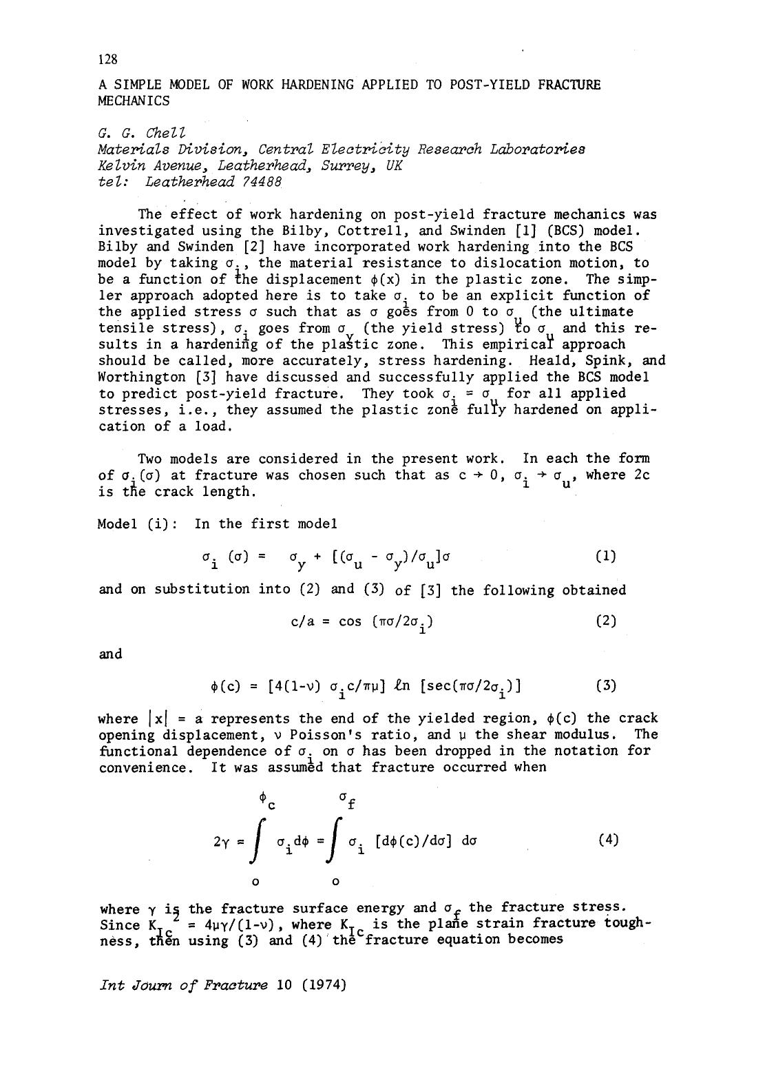 A simple model of work hardening applied to post-yield fracture mechanics by Unknown