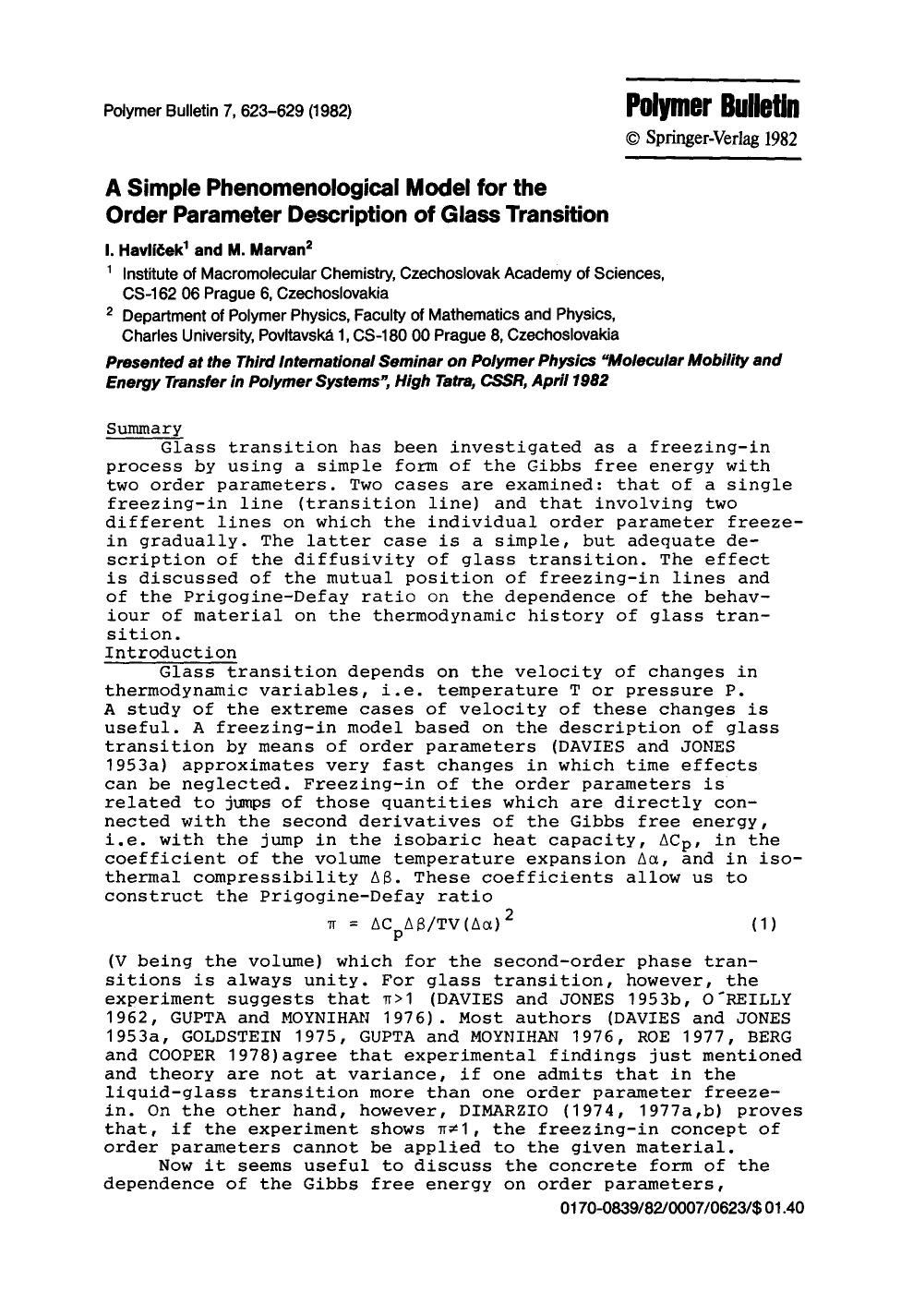 A simple phenomenological model for the order parameter description of glass transition by Unknown